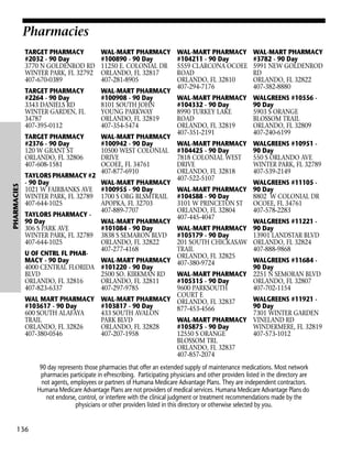 Pharmacies
WAL-MART PHARMACY
#100890 - 90 Day
11250 E. COLONIAL DR
ORLANDO, FL 32817
407-281-8905

TARGET PHARMACY
#2264 - 90 Day
3343 DANIELS RD
WINTER GARDEN, FL
34787
407-395-0112

WAL-MART PHARMACY
#100908 - 90 Day
8101 SOUTH JOHN
YOUNG PARKWAY
ORLANDO, FL 32819
407-354-5474

TARGET PHARMACY
#2376 - 90 Day
120 W GRANT ST
ORLANDO, FL 32806
407-608-1581
PHARMACIES

TARGET PHARMACY
#2032 - 90 Day
3770 N GOLDENROD RD
WINTER PARK, FL 32792
407-670-0389

WAL-MART PHARMACY
#100942 - 90 Day
10500 WEST COLONIAL
DRIVE
OCOEE, FL 34761
407-877-6910

TAYLORS PHARMACY #2
- 90 Day
1021 W FAIRBANKS AVE
WINTER PARK, FL 32789
407-644-1025
TAYLORS PHARMACY 90 Day
306 S PARK AVE
WINTER PARK, FL 32789
407-644-1025

WAL-MART PHARMACY
#100955 - 90 Day
1700 S ORG BLSMTRAIL
APOPKA, FL 32703
407-889-7707
WAL-MART PHARMACY
#101084 - 90 Day
3838 S SEMARON BLVD
ORLANDO, FL 32822
407-277-4168

WAL-MART PHARMACY
#104211 - 90 Day
5559 CLARCONA OCOEE
ROAD
ORLANDO, FL 32810
407-294-7176

WAL-MART PHARMACY
#3782 - 90 Day
5991 NEW GOLDENROD
RD
ORLANDO, FL 32822
407-382-8880

WAL-MART PHARMACY
#104332 - 90 Day
8990 TURKEY LAKE
ROAD
ORLANDO, FL 32819
407-351-2191

WALGREENS #10556 90 Day
5903 S ORANGE
BLOSSOM TRAIL
ORLANDO, FL 32809
407-240-6199

WAL-MART PHARMACY
#104425 - 90 Day
7818 COLONIAL WEST
DRIVE
ORLANDO, FL 32818
407-522-5107

WALGREENS #10951 90 Day
550 S ORLANDO AVE
WINTER PARK, FL 32789
407-539-2149

WAL-MART PHARMACY
#104588 - 90 Day
3101 W PRINCETON ST
ORLANDO, FL 32804
407-445-4047

WAL-MART PHARMACY
#105179 - 90 Day
201 SOUTH CHICKASAW
TRAIL
U OF CNTRL FL PHARORLANDO, FL 32825
MACY - 90 Day
WAL-MART PHARMACY 407-380-9724
4000 CENTRAL FLORIDA #101220 - 90 Day
BLVD
2500 SO. KIRKMAN RD
WAL-MART PHARMACY
ORLANDO, FL 32816
ORLANDO, FL 32811
#105315 - 90 Day
407-823-6337
407-297-9785
9600 PARKSOUTH
COURT E
WAL MART PHARMACY WAL-MART PHARMACY ORLANDO, FL 32837
#103617 - 90 Day
#103817 - 90 Day
877-453-4566
600 SOUTH ALAFAYA
433 SOUTH AVALON
TRAIL
PARK BLVD
WAL-MART PHARMACY
ORLANDO, FL 32826
ORLANDO, FL 32828
#105875 - 90 Day
407-380-0546
407-207-1958
12550 S ORANGE
BLOSSOM TRL
ORLANDO, FL 32837
407-857-2074

WALGREENS #11105 90 Day
8802 W COLONIAL DR
OCOEE, FL 34761
407-578-2283
WALGREENS #11221 90 Day
13901 LANDSTAR BLVD
ORLANDO, FL 32824
407-888-9868
WALGREENS #11684 90 Day
2251 N SEMORAN BLVD
ORLANDO, FL 32807
407-702-1154
WALGREENS #11921 90 Day
7301 WINTER GARDEN
VINELAND RD
WINDERMERE, FL 32819
407-573-1012

90 day represents those pharmacies that offer an extended supply of maintenance medications. Most network
pharmacies participate in ePrescribing. Participating physicians and other providers listed in the directory are
not agents, employees or partners of Humana Medicare Advantage Plans. They are independent contractors.
Humana Medicare Advantage Plans are not providers of medical services. Humana Medicare Advantage Plans do
not endorse, control, or interfere with the clinical judgment or treatment recommendations made by the
physicians or other providers listed in this directory or otherwise selected by you.

136

 