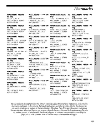 Pharmacies
WALGREENS #12146 90 Day
1200 S KUHL RD
ORLANDO, FL 32806
407-849-5088

WALGREENS #1779 - 90
Day
4608 EMICHIGAN ST
ORLANDO, FL 32812
407-281-6892

WALGREENS #3303 - 90
Day
1303 S SEMORAN BLVD
ORLANDO, FL 32807
407-380-5442

WALGREENS #3745 - 90
Day
5185 NORTH LANE
ORLANDO, FL 32808
407-298-6360

WALGREENS #12424 90 Day
9650 UNIVERSAL BLVD
ORLANDO, FL 32819
407-956-8453

WALGREENS #1800 - 90
Day
4578 KIRKMAN ROAD
ORLANDO, FL 32835
407-293-8398

WALGREENS #3398 - 90
Day
5501 S KIRKMAN RD
ORLANDO, FL 32819
407-248-0437

WALGREENS #12672 90 Day
1835 W SAND LAKE RD
ORLANDO, FL 32809
407-856-1809

WALGREENS #2445 - 90
Day
8337 SOUTH PARK CIR
ORLANDO, FL 32819
407-351-6151

WALGREENS #12884 90 Day
2353 OCOEE APOPKA RD
OCOEE, FL 34761
407-573-0228

WALGREENS #263 - 90
Day
534 HUNT CLUB BLVD
APOPKA, FL 32703
407-869-1020

WALGREENS #3460 - 90
Day
13502 APOPKA
VINELAND
ORLANDO, FL 32821
407-827-1000

WALGREENS #3811 - 90
Day
4502 S ORANGE
BLOSSOM TRAIL
ORLANDO, FL 32839
407-855-8441

WALGREENS #13920 90 Day
3301 EDGEWATER DR
ORLANDO, FL 32804
407-649-7859
WALGREENS #15017 90 Day
11018 INTERNATIONAL
DR
ORLANDO, FL 32821
407-597-5053

WALGREENS #3989 - 90
Day
13720 W COLONIAL
DRIVE
WINTER GARDEN, FL
34787
407-656-1144
WALGREENS #4164 - 90
Day
12100 S APOPKA VINELAND RD
LAKE BUENA VISTA, FL
32836
407-238-0400
WALGREENS #4525 - 90
Day
8501 CURRY FORD RD
ORLANDO, FL 32825
407-737-9949
WALGREENS #4526 - 90
Day
8000 LAKE UNDERHILL
RD
ORLANDO, FL 32822
407-658-1038

90 day represents those pharmacies that offer an extended supply of maintenance medications. Most network
pharmacies participate in ePrescribing. Participating physicians and other providers listed in the directory are
not agents, employees or partners of Humana Medicare Advantage Plans. They are independent contractors.
Humana Medicare Advantage Plans are not providers of medical services. Humana Medicare Advantage Plans do
not endorse, control, or interfere with the clinical judgment or treatment recommendations made by the
physicians or other providers listed in this directory or otherwise selected by you.

137

PHARMACIES

WALGREENS #13590 90 Day
1001 UNIVERSAL
STUDIOS PLAZA
ORLANDO, FL 32819
407-903-1752

WALGREENS #3461 - 90
Day
7650 W SAND LAKE
ROAD
ORLANDO, FL 32819
WALGREENS #3131 - 90 407-345-9497
Day
1920 ALOMA AVE
WALGREENS #3554 - 90
WINTER PARK, FL 32792 Day
407-628-5541
6651 OLD WINTER
GARDEN RD
WALGREENS #3166 - 90 ORLANDO, FL 32835
Day
407-293-5580
125 EAST MAIN
APOPKA, FL 32703
WALGREENS #3576 - 90
407-886-7757
Day
2550 N HIAWASSEE RD
WALGREENS #3254 - 90 ORLANDO, FL 32818
Day
407-293-8180
8050 INTERNATIONAL
DR
WALGREENS #3650 - 90
ORLANDO, FL 32819
Day
407-352-6922
2420 E COLONIAL DR
ORLANDO, FL 32803
407-894-5361

WALGREENS #3862 - 90
Day
4774 S SEMORAN BLVD
ORLANDO, FL 32822
407-273-3444

 