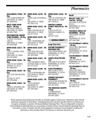 Pharmacies
WALGREENS #9484 - 90
Day
7015 NARCOOSSEE RD
ORLANDO, FL 32822
407-380-9569
WEST GORE PHARMACY - 90 Day
100 WEST GORE ST
ORLANDO, FL 32806
407-481-7960
WESTMINSTER SENIOR
CARE PHARMA - 90 Day
76 WEST LUCERNE
CIRCLE
ORLANDO, FL 32801
407-244-9280

WINN DIXIE #2246 - 90
Day
1565 US 441 NORTH
APOPKA, FL 32712
407-880-6493
WINN DIXIE #2250 - 90
Day
1531 EAST SILVER STAR
RD
OCOEE, FL 34761
407-299-6960
WINN DIXIE #2269 - 90
Day
13200 E COLONIAL DR
ORLANDO, FL 32826
407-380-5625

WINN DIXIE #2276 - 90
Day
4686 E MICHIGAN ST
ORLANDO, FL 32812
407-277-1912
WINN DIXIE #2278 - 90
Day
1401 S HIAWASSEE RD
ORLANDO, FL 32835
407-295-2333

WINN DIXIE #2656 - 90
Day
3201 W COLONIAL DR
ORLANDO, FL 32808
407-578-8151
WINTER GARDEN
FAMILY HEALTH CE - 90
Day
1210 E PLANT ST
WINTER GARDEN, FL
34787
407-877-4301
OSCEOLA COUNTY

Long Term Care

WINN DIXIE #2301 - 90
Day
2722 PINE HILLS RD
ORLANDO, FL 32808
407-295-9200

ENCORE PHARMACY
DISCOUNT INC
105 E MONUMENT AVE
KISSIMMEE, FL 34741
407-943-7345

WINN DIXIE #2383 - 90
Day
750 UNIVERSITY BLVD
WINTER PARK, FL 32792
407-677-4515

GENOA HEALTHCARE
#23
208 PARK PLACE BLVD
KISSIMMEE, FL 34741
407-344-9700

WINN DIXIE #2390 - 90
Day
5732 N HIAWASSEE RD
ORLANDO, FL 32810
407-523-7837

OAKS PHARMACY
805 E OAK ST STE 2
KISSIMMEE, FL 34744
407-350-5925

WINN DIXIE #2392 - 90
Day
7053 S ORANGE
BLOSSOM TR
ORLANDO, FL 32809
407-240-5694

SUNRISE DISCOUNT
PHARMACY
3374 W SOUTHPORT RD
KISSIMMEE, FL 34746
407-343-4434
THE MEDICINE SHOPPE
#1546
114 BROADWAY
KISSIMMEE, FL 34741
407-847-2424

Retail
BELLOC CARE, LLC
#24702 - 90 Day
102 PARK PLACE BLVD
STE D1
KISSIMMEE, FL 34741
407-847-5805
COLONIAL DRUGS OF
KISSIMMEE - 90 Day
728 N JOHN YOUNG
PKWY
KISSIMMEE, FL 34741
407-344-5588
CVS PHARMACY #00476
- 90 Day
2454 E IRLO BRONSON
MEMORIAL H
KISSIMMMEE, FL 34744
407-343-8358
CVS PHARMACY #00508
- 90 Day
1205 W VINE ST
KISSIMMEE, FL 34741
407-847-5174
CVS PHARMACY #02761
- 90 Day
5308 WEST IRLO
BRONSON MEMORIA
KISSIMMEE, FL 34746
407-390-9431
CVS PHARMACY #03139
- 90 Day
3555 13TH ST
ST CLOUD, FL 34769
407-892-7161

90 day represents those pharmacies that offer an extended supply of maintenance medications. Most network
pharmacies participate in ePrescribing. Participating physicians and other providers listed in the directory are
not agents, employees or partners of Humana Medicare Advantage Plans. They are independent contractors.
Humana Medicare Advantage Plans are not providers of medical services. Humana Medicare Advantage Plans do
not endorse, control, or interfere with the clinical judgment or treatment recommendations made by the
physicians or other providers listed in this directory or otherwise selected by you.

139

PHARMACIES

WINN DIXIE #2215 - 90
Day
11957 S APOPKA VINELAND RD
ORLANDO, FL 32836
407-465-8606

WINN DIXIE #2270 - 90
Day
12500 LAKE UNDERHILL
RD
ORLANDO, FL 32828
407-384-7116

 