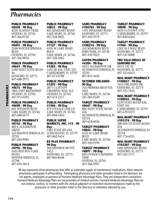 Pharmacies
PUBLIX PHARMACY
#0833 - 90 Day
825 RINEHART ROAD
LAKE MARY, FL 32746
407-324-9822

SAMS PHARMACY
#104785 - 90 Day
1101 RINEHART ROAD
SANFORD, FL 32771
407-302-1979

TARGET PHARMACY
#0898 - 90 Day
4410 S US HWY 1792
CASSELBERRY, FL 32707
407-830-6363

PUBLIX PHARMACY
#0493 - 90 Day
2100 WINTER SPRINGS
BLVD
OVIEDO, FL 32765
407-366-9810

PUBLIX PHARMACY
#1127 - 90 Day
4195 W LAKE MARY
BLVD
LAKE MARY, FL 32746
407-328-3062

SAMS PHARMACY
#108214 - 90 Day
355 SEMORAN BLVD
FERN PARK, FL 32730
407-339-9223

TARGET PHARMACY
#1966 - 90 Day
1201 W P BALL BLVD
SANFORD, FL 32771
407-547-0008

PUBLIX PHARMACY
#0641 - 90 Day
5240 WEST STATE ROAD
46
SANFORD, FL 32771
407-688-2971
PHARMACIES

PUBLIX PHARMACY
#0458 - 90 Day
4250 ALAFAYA TRAIL
OVIEDO, FL 32765
407-366-9720

PUBLIX PHARMACY
#1285 - 90 Day
1455 SR 436, UNIT 221
CASSELBERRY, FL 32707
407-673-0788

SAVON PHARMACY
#4304 - 90 Day
503 E ALTAMONTE DR
ALTAMONTE SPRINGS, FL
32701
407-831-3454

TRU VALU DRUGS OF
SANFORD INC
503 E 1ST ST
SANFORD, FL 32771
407-323-6413

PUBLIX PHARMACY
#0675 - 90 Day
1801 EAST BROADWAY
OVIEDO, FL 32765
407-971-0395

PUBLIX PHARMACY
#1295 - 90 Day
2871 CLAYTON
CROSSING WAY, SUI
OVIEDO, FL 32765
407-673-2317

SKYEMED ORLANDO 90 Day
765 PRIMERA BLVD STE
1021
LAKE MARY, FL 32746
321-283-0149

PUBLIX PHARMACY
#0698 - 90 Day
601 WELDON BLVD
LAKE MARY, FL 32746
407-688-0575

PUBLIX PHARMACY
#1304 - 90 Day
870 VILLAGE OAK LN
LAKE MARY, FL 32746
407-804-1963

WAL-MART PHARMACY
#100857 - 90 Day
3653 ORLANDO DR
SANFORD, FL 32773
407-321-7610
WAL-MART PHARMACY
#100943 - 90 Day
1239 STATE ROAD 436,
UNIT 101
CASSELBERRY, FL 32707
407-679-0373

TARGET PHARMACY
#0647 - 90 Day
886 WEST STATE ROAD
436
ALTAMONTE SPRINGS, FL
WAL-MART PHARMACY
32714
PUBLIX PHARMACY
PUBLIX SUPER
#101374 - 90 Day
407-618-0036
#0742 - 90 Day
MARKETS, INC. #13 - 90
200 SOUTH STATE ROAD
Day
434
482 E ALTAMONTE
TARGET PHARMACY
ALTAMONTE SPRINGS, FL
DRIVE
2381 STATE RD 434
#0845 - 90 Day
32714
ALTAMONTE SPRINGS, FL LONGWOOD, FL 32779 4155 W LAKE MARY
407-774-6255
32701
407-862-5414
BLVD
407-260-9985
LAKE MARY, FL 32746
RX PLUS PHARMACY WAL-MART PHARMACY
407-330-9190
PUBLIX PHARMACY
90 Day
#103207 - 90 Day
#0796 - 90 Day
582 MONROE RD STE
TARGET PHARMACY
1601 RINEHART ROAD
5655 RED BUG LAKE
1412
#0897 - 90 Day
SANFORD, FL 32771
ROAD
SANFORD, FL 32771
820 OVIEDO CROSSING 407-321-1717
WINTER SPRINGS, FL
407-805-8548
TERR
32708
OVIEDO, FL 32765
407-695-5814
407-366-5907
90 day represents those pharmacies that offer an extended supply of maintenance medications. Most network
pharmacies participate in ePrescribing. Participating physicians and other providers listed in the directory are
not agents, employees or partners of Humana Medicare Advantage Plans. They are independent contractors.
Humana Medicare Advantage Plans are not providers of medical services. Humana Medicare Advantage Plans do
not endorse, control, or interfere with the clinical judgment or treatment recommendations made by the
physicians or other providers listed in this directory or otherwise selected by you.

144

 