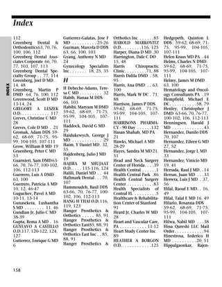 INDEX

Index
112
Greenberg Dental &
Orthodontics63, 70, 76,
100, 106, 112
Greenberg Dental Associates Corporate 66, 70,
77, 103, 107, 113
Greenberg Dental Specialty Group . . 77, 114
Greenberg, Joel D MD . .
14, 48
Greenberg, Martin P
DMD 64, 76, 100, 112
Greenwood, Scott D MD
13-14, 24
GREGORY A LESZEK
O.D. . . . . . . . . . . . 117
Greves, Christine C MD
28
Greves, Cole D MD . 21
Gromak, Adam DDS 5962, 68-69, 71-75, 9599, 104-105, 107-111
Grow, William B MD 19
Gruenberg, Peter C MD
53
Guarnieri, Sam DMD6366, 70, 76-77, 100-102,
106, 112-113
Guerrero, Luis A DMD .
63, 100
Guerrero, Patricia A MD
10, 12, 46-47
Guguchev, Pavel A MD .
10-11, 13-14
Gunasekera, Lushantha
S MD . . . . . . . . 11, 46
Gundian Jr, Julio C MD
38-39
Gupta, Rema A MD . 16
GUSTAVO A CASTILLO
O.D.117, 120-122, 124,
127
Gutierrez, Enrique G MD
6

158

Gutierrez-Galatas, Jose F
MD . . . . . . . . . . 25-26
Guzman, Marcela D DDS
63, 66, 100, 103
Gyang, Anthony N MD .
24
Gynecology Specialists
Inc . . . . . . . 18, 25, 35

H
H Debeche-Adams, Teresa C MD . . . . . . . . . 32
Habib, Hanaa M DDS . . .
66, 103
Habibi, Maryam M DMD
59-62, 68-69, 71-75,
95-99, 104-105, 107111
Haddock, David G MD .
29
Haidukewych, George J
MD . . . . . . . . . . . . 29
Haim, Y Daniel MD . 32,
55
Hajdenberg, Julio J MD .
19
HAJIRA M SHUJAAT
O.D. . . . . 115-116, 124
Halili, Daniel MD . . 44
Hallmark Dental . . . 70,
107
Hammoudeh, Basil DDS
63-66, 70, 76-77, 100102, 106, 112-113
HANG H THAI O.D.116,
119, 123
Hanger Prosthetics &
Orthotics . . . . . 85, 91
Hanger Prosthetics &
Orthotics East85, 88, 91
Hanger Prosthetics &
Orthotics East Inc . . 85,
88, 91
Hanger Prosthetics &

Orthotics Inc . . . . . .85
HAROLD MARKOVITZ
O.D. . . . . . . . .116, 125
Harper, Diana D MD .30
Harrington, Dale C DO .
15, 48
Harris
Chiropractic
Clinic. . . . . . . . .71, 88
Harris Dalila DMD . 58,
95
Harris, Ana DMD . . 63,
100
Harris, Mark W DC . 71,
88
Harrison, James P DDS .
59-62, 68-69, 71-75,
95-99, 104-105, 107111
HARRISONS PHARMACY - 90 Day . . . . . .132
Hasan Shahab, MD PA . .
21
Hawks, Michael A MD . .
28-29
Hayes, Sandra M MD 21,
51
Head and Neck Surgery
Center of Florida. . . .39
Health Central . . . . . .1
Health Central Park .86
Health Central Surgery
Center . . . . . . . . . . .83
Health Specialists of
Central FL . . . . . . . . .5
Healthcare & Rehabilitation Center of Stanford .
91
Heard Jr, Charles W MD
28
Heart and Vascular Care,
PA . . . . . . . . . . . 11-12
Heart Study Center Inc .
89
HEATHER A BORGON
O.D. . . . . . . . . . . . .125

Hedgepeth, Quinton L
DDS . 59-62, 68-69, 7175, 95-99, 104-105,
107-111
Helen Kraus MD PA .44
Helms, Charles N DMD .
59-62, 68-69, 71-75,
95-99, 104-105, 107111
Helmy, James M DMD . .
63, 100
Hematology and Oncology Consultants PA .19
Hempfield, Michael E
DC. . . . . . . . . . .58, 79
Henley, Christopher J
DMD 63-66, 70, 76-77,
100-102, 106, 112-113
Henningsen, Harald J
MD . . . . . . . . . . . . .43
Hernandez, Danilo DDS
70, 107
Hernandez, Eileen G MD
27, 52
Hernandez, Jorge L MD .
33
Hernandez, Vinicio MD
19, 41
Herrada, Raul J MD. .14
Herran, Juan MD . . .33
Herrera, Luis J MD . 37,
56
Hilal, Raouf E MD. . 16,
49
Hilal, Talal E MD 16, 49
Hilario, Rosanna DDS . .
59-62, 68-69, 71-75,
95-99, 104-105, 107111
Hilwa, Nabil MD . . .38
Hina Qureshi LLC Mail
Order . . . . . . . . . . . .94
Hinestrosa, Federico H
MD . . . . . . . . . .20, 51
Hippalgaonkar, Rajen-

 