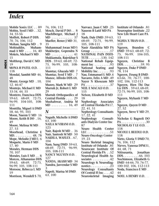 INDEX

Index
Mobile Sonix LLC . . 89
Mobin, Syed I MD . . 32,
34, 55-56
Moffett, Robert P DDS . .
70, 76, 106, 112
Mohan, Sangita MD . 9
Mohiuddin,
Muhammad A MD . . . . 16, 40
Mokris, Michael S MD . .
15
Molthrop, David C MD .
19
MONA H PATEL O.D. . .
118
Mondal, Sambit MD 46,
48
Monir, George MD . 10,
12, 46-47
Montejo, Michael E MD
33-34, 44, 55
Montero, Francisca DDS
59-63, 68-69, 72-75,
96-99, 104-105, 108111
Montilla, Miguel A DMD
58, 66, 95, 103
Moon, Naeem U MD 16
Moore, Keith R DO . 16,
49
Moore, Melissa M MD . .
27, 53
Moorhead, Christine E
MD. . . . . . . . . . 48, 78
Mope, Melodie J MD3, 6
Moquete, Mario F MD . .
17, 40
Morales, Herman DDS .
70, 107
Morales, Luis E MD . . 8
Morcos, Athanasius DDS
59-63, 68-69, 72-75,
96-99, 105, 108-111
Moroose, Rebecca L MD
19
Morrison, Wendell S 70,

164

76, 106, 112
Mosch, David P DO . . 8
Muehlberger, Michael J
MD . . . . . . . . . . . . 37
Mueller, Renee J MD 31,
35
Muhammad Awan MD 5
Mukherjee, Gopendra N
MD . . . . . . . . . . . . 41
Mukkamala, Rajeskhar S
DDS . 59-63, 68-69, 7275, 96-99, 105, 108111
Mumtaz, Ghazala MD 7
Mumtaz, Syed T MD . 7
Munoz, Alfredo DDS 68,
104
Munro, Mark W MD 29
Murrah Jr, Robert L MD
29
Murrah Orthopaedics of
Central Florida . . . . 29
Mushahwar, Andria M
MD . . . . . . . . . 16, 49

N
Naguib, Michelle A DMD
63, 100
NAILA M VIRANI O.D. .
123
Nair, Rajesh M MD . 36
Nair, Santosh M MD 50
NAKHLA, WAFLEX . 67,
104
Nam, Sung DMD 59-63,
68-69, 72-75, 96-99,
105, 108-111
NANCY NGUYEN O.D. .
127
NANDA, AKASH MD 34
Nandra, Jasvendar S MD
3
Napoli, Marisa M DMD .
63, 100

Narvaez, Juan C MD .25
Naseem B Latif MD PA .
18
Nash, Dale DMD .59-63,
68-69, 72-75, 96-99,
105, 108-111
Nasir Alarakhia MD PA
Group . . . . . . . . . . .17
NATIONAL PAIN INSTITUTE . . . . . . .130, 142
National Rehab Equipment Inc . . . . . . . . .93
National Seating and
Mobility Inc . . . . . . .93
Nau, Emmanuel L MD.4
Navarro, Felix A MD .49
Nayer N Khouzam MD
PA . . . . . . . . . . . . . .37
NEIL E MACALI O.D. . . .
115
Nelson, Elizabeth D MD
18
Nephrology Associates
of Central Florida PA17,
22, 41, 51
Nephrology Consultants
17, 22, 41
Nephrology
Consultants Dialysis Center Inc
87
Neuro Health Center
LLC . . . . . . . . . . . . .51
Neuro Oncology Center
19, 23
Neuro Skeletal Imaging
Institute of Orlando .81
Neurocare Institute Of
Central Florida PA . .52
Neurological Health Associates . . . . . . . . . .42
Neurology & Neurodiagnostics . . . . . . . . . . .23
Neurology Consultants
Of Central Fl Inc . . . .42
Neuroskeletal Imaging

Institute of Orlando .81
Neurospine Institute .22
New Life Heart Care PA .
13
NGHIA X TRAN O.D. . . .
119
Nguyen, Brandon C
DMD 59-63, 68-69, 7275, 96-99, 104-105,
108-111
Nguyen, Christine B
DDS . . . . . . . . . .59, 95
Nguyen, Duke P DMD . .
78, 114
Nguyen, Dzung B DMD .
63-66, 70, 76-77, 100102, 106, 112-113
Nguyen, Hien Thi Duc
Liz DDS . 59-63, 68-69,
72-75, 96-99, 105, 108111
Nguyen, Myhanh T MD
28
Nguyen, Quyen D MD . .
27, 52
Nguyen, Steve V MD 29,
53
Nicholas G Bagnoli DO
PA . . . . . . . . . . . . . .30
NICHOLAS T LE O.D. . . .
118
NICOLE L BEEDLE O.D.
118
Nieto, Gloria Y DMD 70,
76, 106, 112
Nieves, Vanessa DPM31,
44, 68, 71
Nitisusanta, Jonathan
DDS . . . . . . . . .66, 103
Nochimson, Elizabeth G
DMD 64-66, 70, 76-77,
100-102, 106, 112-113
Noda, Francisco E MD . .
44
NOEL A HENRY O.D. . . .

 