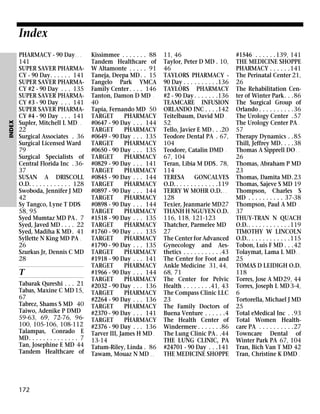 INDEX

Index
PHARMACY - 90 Day . . .
141
SUPER SAVER PHARMACY - 90 Day. . . . . . 141
SUPER SAVER PHARMACY #2 - 90 Day . . . 135
SUPER SAVER PHARMACY #3 - 90 Day . . . 141
SUPER SAVER PHARMACY #4 - 90 Day . . . 141
Supler, Mitchell L MD . .
22
Surgical Associates . 36
Surgical Licensed Ward
79
Surgical Specialists of
Central Florida Inc . 3637
SUSAN A DRISCOLL
O.D. . . . . . . . . . . . 128
Swoboda, Jennifer J MD
42
Sy Tangco, Lyne T DDS
58, 95
Syed Mumtaz MD PA . 7
Syed, Javed MD . . . . 22
Syed, Madiha K MD . 41
Syllette N King MD PA .
26
Szurkus Jr, Dennis C MD
28

T
Tabarak Qureshi . . . 21
Tabas, Maxine C MD 15,
67
Tabrez, Shams S MD 40
Taiwo, Adenike P DMD
59-63, 69, 72-76, 96100, 105-106, 108-112
Talampas, Conrado E
MD. . . . . . . . . . . . . . 7
Tan, Josephine E MD 44
Tandem Healthcare of

172

Kissimmee . . . . . . . 88
Tandem Healthcare of
W Altamonte . . . . . 91
Taneja, Deepa MD . . 15
Tangelo Park YMCA
Family Center . . . . 146
Tanton, Damon D MD .
40
Tapia, Fernando MD 50
TARGET
PHARMACY
#0647 - 90 Day . . . 144
TARGET
PHARMACY
#0649 - 90 Day . . . 135
TARGET
PHARMACY
#0650 - 90 Day . . . 135
TARGET
PHARMACY
#0829 - 90 Day . . . 141
TARGET
PHARMACY
#0845 - 90 Day . . . 144
TARGET
PHARMACY
#0897 - 90 Day . . . 144
TARGET
PHARMACY
#0898 - 90 Day . . . 144
TARGET
PHARMACY
#1518 - 90 Day . . . 135
TARGET
PHARMACY
#1760 - 90 Day . . . 135
TARGET
PHARMACY
#1790 - 90 Day . . . 135
TARGET
PHARMACY
#1918 - 90 Day . . . 141
TARGET
PHARMACY
#1966 - 90 Day . . . 144
TARGET
PHARMACY
#2032 - 90 Day . . . 136
TARGET
PHARMACY
#2264 - 90 Day . . . 136
TARGET
PHARMACY
#2370 - 90 Day . . . 141
TARGET
PHARMACY
#2376 - 90 Day . . . 136
Tarver III, James H MD .
13-14
Tatum-Riley, Linda . 86
Tawam, Mouaz N MD . .

11, 46
Taylor, Peter D MD . 10,
46
TAYLORS PHARMACY 90 Day . . . . . . . . . .136
TAYLORS PHARMACY
#2 - 90 Day . . . . . . .136
TEAMCARE INFUSION
ORLANDO INC . . . .142
Teitelbaum, David MD .
52
Tello, Javier E MD . . .20
Teodore Dental PA . 67,
104
Teodore, Catalin DMD .
67, 104
Teran, Libia M DDS. 78,
114
TERESA
GONCALVES
O.D. . . . . . . . . . . . .119
TERRY W MOHR O.D. . .
128
Texier, Jeanmarie MD27
THANH H NGUYEN O.D.
116, 118, 121-123
Thatcher, Parmelee MD
27
The Center for Advanced
Gynecology and Aesthetics . . . . . . . . . . .43
The Center for Foot and
Ankle Medicine 31, 44,
68, 71
The Center for Pelvic
Health . . . . . . . .41, 43
The Compass Clinic LLC
23
The Family Doctors of
Buena Venture . . . . . .4
The Health Center of
Windermere . . . . . . .86
The Lung Clinic PA . .44
THE LUNG CLINIC, PA
#24701 - 90 Day . . .141
THE MEDICINE SHOPPE

#1546 . . . . . .139, 141
THE MEDICINE SHOPPE
PHARMACY . . . . . .141
The Perinatal Center 21,
26
The Rehabilitation Center of Winter Park. . .86
The Surgical Group of
Orlando . . . . . . . . . .36
The Urology Center .57
The Urology Center PA .
57
Therapy Dynamics . .85
Thill, Jeffrey MD. . . .38
Thomas A Sipprell DO . .
26
Thomas, Abraham P MD
23
Thomas, Damita MD.23
Thomas, Sajeve S MD 19
Thompson, Charles S
MD . . . . . . . . . . 37-38
Thompson, Paul A MD .
37
THUY-TRAN N QUACH
O.D.. . . . . . . . . . . .119
TIMOTHY W LINCOLN
O.D.. . . . . . . . . . . .115
Tobon, Luis F MD . . .42
Tolaymat, Lama L MD . .
25
TOMAS D LEIDIGH O.D.
118
Torres, Jose A MD29, 44
Torres, Joseph L MD 3-4,
6
Tortorella, Michael J MD
25
Total eMedical Inc . .93
Total Women Healthcare PA . . . . . . . . . .27
Towncare Dental of
Winter Park PA 67, 104
Tran, Bich Van T MD 42
Tran, Christine K DMD .

 