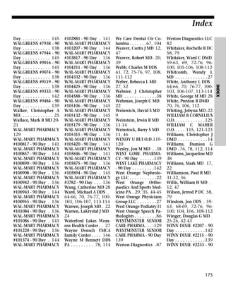 Index
#102881 - 90 Day . 141
WAL-MART PHARMACY
#103207 - 90 Day . 144
WAL-MART PHARMACY
#103817 - 90 Day . 136
WAL-MART PHARMACY
#104211 - 90 Day . 136
WAL-MART PHARMACY
#104332 - 90 Day . 136
WAL-MART PHARMACY
#104425 - 90 Day . 136
WAL-MART PHARMACY
#104588 - 90 Day . 136
WAL-MART PHARMACY
#105106 - 90 Day . 145
WAL-MART PHARMACY
#105132 - 90 Day . 145
WAL-MART PHARMACY
#105179 - 90 Day . 136
WAL-MART PHARMACY
#105315 - 90 Day . 136
WAL-MART PHARMACY
#105420 - 90 Day . 141
WAL-MART PHARMACY
#105846 - 90 Day . 141
WAL-MART PHARMACY
#105875 - 90 Day . 136
WAL-MART PHARMACY
#105894 - 90 Day . 145
WAL-MART PHARMACY
#3782 - 90 Day . . . 136
Wang, Catherine MD 28
Ward, Michael A DDS . .
64-66, 70, 76-77, 100103, 106-107, 113-114
Warren, Joseph MD . 22
Warren, LaKrystal J MD
24
Waterford Lakes Womens Health Center . . 27
Wayne Densch YMCA
Family Center . . . . 146
Wayne M Bennett DDS
PA . . . . . . . . . 78, 114

We Care Dental Ctr Columbia . . . . . . .67, 104
Weaver, Curtis J MD 12,
47
Weaver, Robert MD. 20,
39
Webb, Charles M DDS . .
61, 72, 75-76, 97, 108,
111-112
Weber, Rebecca L MD . .
27, 52
Webster, J Christopher
MD . . . . . . . . . . . . .38
Wehman, Joseph C MD.
22
Weinreich, David S MD
9
Weinstein, Irwin R MD .
11-14
Weinstock, Barry S MD .
11, 46
WENDY U BUI O.D.119120
Wesley, Jon M MD . .38
WEST GORE PHARMACY - 90 Day . . . . . .139
WEST LAKE PHARMACY
- 90 Day . . . . . . . . .142
West Orange Nephrology LLC . . . . . . . . . . .22
West Orange Orthopaedics And Sports Medicine PA . 29, 35, 44-45
West Orange Physicians
Group LLC . . . . . . . .27
West Orange Podiatry31
West Orange Speech Pathologists . . . . . . . . .86
WESTMINSTER SENIOR
CARE PHARMA. . . .129
WESTMINSTER SENIOR
CARE PHARMA - 90 Day
139
Weston Diagnostics .87

Weston Diagnostics LLC
82
Whitaker, Rochelle R DC
58, 79
Whitaker, Ward C DMD
59-63, 69, 72-76, 96100, 105-106, 108-112
Whitcomb, Wendy L
MD . . . . . . . . . . . . .27
White, Anthony L DDS .
64-66, 70, 76-77, 100103, 106-107, 113-114
White, George M MD 28
White, Preston B DMD .
70, 76, 106, 112
Whiting, Jobyna MD.22
WILLIAM B CORNELIUS
O.D.. . . . . . . . . . . .125
WILLIAM C MAHER
O.D.. . . . 115, 121-123
Williams, Christopher J
DMD . . . . . . . . . . . .14
Williams, Damion G
DMD . 76, 78, 112, 114
Williams, Jacqueline MD
38
Williams, Mark MD 17,
22
Williamson, Paul R MD .
31-32, 36
Willis, William H MD . .
12, 47
Wilson, Jerrod P DC 58,
79
Windom, Jon DDS . 5963, 68-69, 72-76, 96100, 104, 106, 108-112
Winger, Douglas G MD .
25-26, 42-43
WINN DIXIE #2207 - 90
Day . . . . . . . . . . . .142
WINN DIXIE #2215 - 90
Day . . . . . . . . . . . .139
WINN DIXIE #2233 - 90

175

INDEX

Day . . . . . . . . . . . 145
WALGREENS #7938 - 90
Day . . . . . . . . . . . 138
WALGREENS #7944 - 90
Day . . . . . . . . . . . 145
WALGREENS #9016 - 90
Day . . . . . . . . . . . 145
WALGREENS #9074 - 90
Day . . . . . . . . . . . 138
WALGREENS #9119 - 90
Day . . . . . . . . . . . 138
WALGREENS #9333 - 90
Day . . . . . . . . . . . 142
WALGREENS #9484 - 90
Day . . . . . . . . . . . 139
Walker, Christopher A
MD. . . . . . . . . . . . . 25
Wallace, Mark R MD 2021
WAL-MART PHARMACY
129
WAL-MART PHARMACY
#100817 - 90 Day . 141
WAL-MART PHARMACY
#100857 - 90 Day . 144
WAL-MART PHARMACY
#100890 - 90 Day . 136
WAL-MART PHARMACY
#100908 - 90 Day . 136
WAL-MART PHARMACY
#100942 - 90 Day . 136
WAL-MART PHARMACY
#100943 - 90 Day . 144
WAL-MART PHARMACY
#100955 - 90 Day . 136
WAL-MART PHARMACY
#101084 - 90 Day . 136
WAL-MART PHARMACY
#101086 - 90 Day . 141
WAL-MART PHARMACY
#101220 - 90 Day . 136
WAL-MART PHARMACY
#101374 - 90 Day . 144
WAL-MART PHARMACY

 