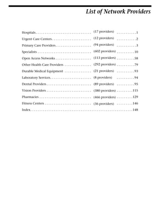 List of Network Providers

Hospitals . . . . . . . . . . . . . . . . . . . . . . . . . . . . . . . . (17 . . . . . . . . . . . . . . . . . . . . . 1
. . . providers)
(12 providers)
Urgent Care Centers . . . . . . . . . . . . . . . . . . . . . . . . . . . . . . . . . . . . . . . . . . . . . . . 2
(94 providers)
Primary Care Providers . . . . . . . . . . . . . . . . . . . . . . . . . . . . . . . . . . . . . . . . . . . . . 3
Specialists . . . . . . . . . . . . . . . . . . . . . . . . . . . . . . . (602 . . . . . . . . . . . . . . . . . . . 10
. . . . providers)
Open Access Networks . . . . . . . . . . . . . . . . . . . . . (113 . . . . . . . . . . . . . . . . . . . 58
. . . . providers)
Other Health Care Providers . . . . . . . . . . . . . . . . (292 . . . . . . . . . . . . . . . . . . . 79
. . . . providers)
(21 providers)
Durable Medical Equipment . . . . . . . . . . . . . . . . . . . . . . . . . . . . . . . . . . . . . . . 93
(8 providers)
Laboratory Services. . . . . . . . . . . . . . . . . . . . . . . . . . . . . . . . . . . . . . . . . . . . . . . 94
Dental Providers . . . . . . . . . . . . . . . . . . . . . . . . . . (89 . . . . . . . . . . . . . . . . . . . . 95
. . . providers)
Vision Providers . . . . . . . . . . . . . . . . . . . . . . . . . . . . . . . . . . . . . . . . . . . . . . . . 115
(380 providers)
Pharmacies . . . . . . . . . . . . . . . . . . . . . . . . . . . . . . (466 . . . . . . . . . . . . . . . . . . 129
. . . . providers)
Fitness Centers . . . . . . . . . . . . . . . . . . . . . . . . . . . . . . . . . . . . . . . . . . . . . . . . . 146
(36 providers)
Index. . . . . . . . . . . . . . . . . . . . . . . . . . . . . . . . . . . . . . . . . . . . . . . . . . . . . . . . . 148

 