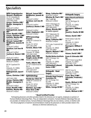 SPECIALISTS

Specialists
WPH Comprehensive
Women's Healthcare
21 W Columbia St
Orlando, FL 32806
(321) 841-5560
Arroyo, Patricia J MD *
Bhullar, Amanpreet S
MD *
Medicaid Certified
Bukkapatnam, Jayasri
MD *
Eason, Ronald A MD *
Greves, Christine C MD *
Kuffskie, Martha MD
Medicaid Certified
McLeod, Samuel MD *
McWhorter, Jeannie M
MD *
Medicaid Certified
Spreitzer, Lori Ann M
MD
Medicaid Certified
Szurkus Jr, Dennis C MD
*
Medicaid Certified
Zobel, Stephanie L MD
Medicaid Certified
89 W Copeland Dr
Fl 1
Orlando, FL 32806
(321) 841-5281
Bukkapatnam, Jayasri
MD *
Greves, Christine C MD *
(407) 841-5281
Arroyo, Patricia J MD *
Bhullar, Amanpreet S
MD *
Medicaid Certified
Eason, Ronald A MD *
Kuffskie, Martha MD
Medicaid Certified

McLeod, Samuel MD *
McWhorter, Jeannie M
MD *
Medicaid Certified
Spreitzer, Lori Ann M
MD
Medicaid Certified
Szurkus Jr, Dennis C MD
*
Medicaid Certified
Zobel, Stephanie L MD
Medicaid Certified
WPH Gynecology
Practice
10000 W Colonial Dr
Ste 386
Ocoee, FL 34761
(407) 296-1990
Farwick, Eileen F DO
21 W Columbia St
Orlando, FL 32806
(321) 841-5560
Kudish, Bela I MD
Vaught, Jessica M MD
Medicaid Certified
Yonfa, Alberto MD
117 W Underwood St
Ste B
Orlando, FL 32806
(407) 423-2557
Se habla espanol

Ophthalmology
Florida Eye Clinic PA
10000 W Colonial Dr
Ste 183
Ocoee, FL 34761
(407) 206-2020
Mattheis, Jay K MD *
Plous Oren Z MD *
Medicaid Certified

Wang, Catherine MD *
Medicaid Certified
Winslow III, Paul L MD *
Age 1 and up
Medicaid Certified
1925 E Michigan St
Orlando, FL 32806
(407) 896-0324
Alonso, Ricardo MD *
Se habla espanol
2917 Edgewater Dr
Orlando, FL 32804
(407) 423-2030
Wang, Catherine MD *
Medicaid Certified

Orthopedic Surgery
Baker Heard and Osteen
MD PA
345 W Michigan St
Ste 114
Orlando, FL 32806
(407) 843-9083
Davenport, William C
MD *
Heard Jr, Charles W MD
*
Osteen, David S MD *

9430 Turkey Lake Rd
Ste 116
Orlando, FL 32819
(407) 345-1234
7975 Lake Underhill Rd
Davenport, William C
Ste 230
MD *
Orlando, FL 32822
(407) 281-0866
Heard Jr, Charles W MD
Nguyen, Myhanh T MD * *
Medicaid Certified
Osteen, David S MD *
Florida Retina Institute
4401 S Orange Ave
Ste 118
Orlando, FL 32806
(407) 849-9621
Lalchandani-Lalwani,
Geeta A MD *

Orthopedic - Hand
Surgery
Orlando Hand Surgery
Associates PA
801 N Orange Ave
Ste 600
Orlando, FL 32801
(407) 841-2100
White, George M MD *

Evans & Schroeder MD
PA
14075 Town Loop Blvd
Orlando, FL 32837
(407) 841-7723
Schroeder, Frederick J
MD *
200 W Gore St
Orlando, FL 32806
(407) 841-7723
Evans, Rory A MD *
Schroeder, Frederick J
MD *
Hawks, Michael A MD
2501 N Orange Ave
Ste 340
Orlando, FL 32804
(407) 895-8890
Hawks, Michael A MD *

* Board Certified Provider
Participating physicians and other providers listed in the directory are not agents, employees or partners of
Humana Medicare Advantage Plans. They are independent contractors. Humana Medicare Advantage Plans are
not providers of medical services. Humana Medicare Advantage Plans do not endorse, control, or interfere with
the clinical judgment or treatment recommendations made by the physicians or other providers listed in this
directory or otherwise selected by you.

28

 