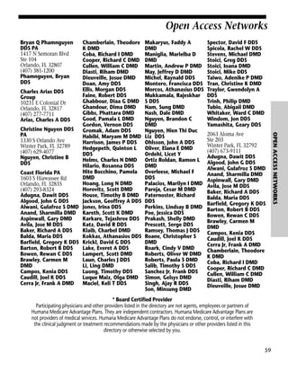 Open Access Networks
Bryan Q Phamnguyen
DDS PA
1417 N Semoran Blvd
Ste 104
Orlando, FL 32807
(407) 381-1200
Phamnguyen, Bryan
DDS

Makaryus, Faddy A
DMD
Maniglia, Marielba D
DMD
Martin, Andrew P DMD
May, Jeffrey D DMD
Michel, Raynald DDS
Montero, Francisca DDS
Morcos, Athanasius DDS
Mukkamala, Rajeskhar
S DDS
Nam, Sung DMD
Nash, Dale DMD
Nguyen, Brandon C
DMD
Nguyen, Hien Thi Duc
Liz DDS
Ohlsson, John A DDS
Oliver, Elana E DMD
Ordehi, Licet Y
Ortiz Roldan, Ramon L
DMD
Overleese, Michael F
DDS
Palacios, Marilyn I DMD
Pareja, Cesar M DMD
Paternoster, Richard
DDS
Perkins, Lindsay B DMD
Poe, Jessica DDS
Prakash, Shelly DMD
Prescott, Serge DDS
Ramsey, Thomas J DDS
Roane, Christopher S
DMD
Roark, Cindy V DMD
Roberts, Oliver W DMD
Roberts, Paula S DMD
Salib, Timothy S DDS
Sanchez Jr, Frank DDS
Simon, Gelsys DMD
Singh, Ajay R DDS
Son, Minsung DMD

Spector, David F DDS
Spicola, Rachel W DDS
Stevens, Michael DMD
Stoici, Greg DDS
Stoici, Ioana DMD
Stoici, Mike DDS
Taiwo, Adenike P DMD
Tran, Christine K DMD
Traylor, Gwendolyn A
DDS
Trinh, Philip DMD
Tubio, Abigail DMD
Whitaker, Ward C DMD
Windom, Jon DDS
Yamashita, Geary DDS
2063 Aloma Ave
Ste 203
Winter Park, FL 32792
(407) 673-9111
Adugna, Dawit DDS
Algood, John G DDS
Alwani, Gulafroz S DMD
Anand, Sharmilla DMD
Aspinwall, Gary DMD
Avila, Jose M DDS
Baker, Richard A DDS
Balda, Maria DDS
Barfield, Gregory K DDS
Barton, Robert B DDS
Bowen, Rewan C DDS
Brawley, Carmen M
DMD
Campos, Kenia DDS
Caudill, Joel K DDS
Cerra Jr, Frank A DMD
Chamberlain, Theodore
K DMD
Coba, Richard I DMD
Cooper, Richard C DMD
Cullen, William C DMD
Diasti, Riham DMD
Dieuveille, Josue DMD

* Board Certified Provider
Participating physicians and other providers listed in the directory are not agents, employees or partners of
Humana Medicare Advantage Plans. They are independent contractors. Humana Medicare Advantage Plans are
not providers of medical services. Humana Medicare Advantage Plans do not endorse, control, or interfere with
the clinical judgment or treatment recommendations made by the physicians or other providers listed in this
directory or otherwise selected by you.

59

OPEN ACCESS NETWORKS

Chamberlain, Theodore
K DMD
Coba, Richard I DMD
Cooper, Richard C DMD
Cullen, William C DMD
Diasti, Riham DMD
Dieuveille, Josue DMD
Doan, Amy DDS
Ellis, Morgan DDS
Charles Arias DDS
Faine, Robert DDS
Group
Ghabbour, Diaa G DMD
10231 E Colonial Dr
Ghandour, Dima DMD
Orlando, FL 32817
Gibbs, Phattara DMD
(407) 277-7711
Good, Pamala L DMD
Arias, Charles A DDS
Gordon, Vernon DDS
Christine Nguyen DDS
Gromak, Adam DDS
PA
Habibi, Maryam M DMD
1330 S Orlando Ave
Harrison, James P DDS
Winter Park, FL 32789
Hedgepeth, Quinton L
(407) 629-4077
DDS
Nguyen, Christine B
Helms, Charles N DMD
DDS
Hilario, Rosanna DDS
Hite Bocchino, Pamela
Coast Florida PA
DMD
1603 S Hiawassee Rd
Hoang, Long N DMD
Orlando, FL 32835
Horovitz, Scott DMD
(407) 293-8324
Adugna, Dawit DDS
House, Timothy B DMD
Algood, John G DDS
Jackson, Geoffrey A DDS
Alwani, Gulafroz S DMD Jones, Irina DDS
Anand, Sharmilla DMD Kareth, Scott K DMD
Aspinwall, Gary DMD
Karkare, Tejashree DDS
Avila, Jose M DDS
Katz, David R DDS
Baker, Richard A DDS
Klaib, Charbel DMD
Balda, Maria DDS
Kokkas, Athanasios DDS
Barfield, Gregory K DDS Krickl, David G DDS
Barton, Robert B DDS
Lake, Everet A DDS
Bowen, Rewan C DDS
Lampert, Scott DMD
Brawley, Carmen M
Laun, Charles J DDS
DMD
Li, Ling DMD
Campos, Kenia DDS
Luong, Timothy DDS
Caudill, Joel K DDS
Luque Maiz, Olga DMD
Cerra Jr, Frank A DMD
Maciel, Keli T DDS

 