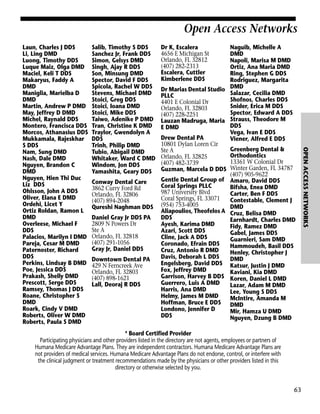 Open Access Networks
Salib, Timothy S DDS
Sanchez Jr, Frank DDS
Simon, Gelsys DMD
Singh, Ajay R DDS
Son, Minsung DMD
Spector, David F DDS
Spicola, Rachel W DDS
Stevens, Michael DMD
Stoici, Greg DDS
Stoici, Ioana DMD
Stoici, Mike DDS
Taiwo, Adenike P DMD
Tran, Christine K DMD
Traylor, Gwendolyn A
DDS
Trinh, Philip DMD
Tubio, Abigail DMD
Whitaker, Ward C DMD
Windom, Jon DDS
Yamashita, Geary DDS
Conway Dental Care
3862 Curry Ford Rd
Orlando, FL 32806
(407) 894-2048
Qureshi Naghman DDS
Daniel Gray Jr DDS PA
2809 N Powers Dr
Ste A
Orlando, FL 32818
(407) 291-1056
Gray Jr, Daniel DDS
Downtown Dental PA
429 N Ferncreek Ave
Orlando, FL 32803
(407) 898-1621
Lall, Deoraj R DDS

Dr K, Escalera
4656 E Michigan St
Orlando, FL 32812
(407) 282-2313
Escalera, Cuttler
Kimberlene DDS

Naguib, Michelle A
DMD
Napoli, Marisa M DMD
Ortiz, Ana Maria DMD
Ring, Stephen G DDS
Rodriguez, Margarita
Dr Marias Dental Studio DMD
Salazar, Cecilia DMD
PLLC
Shofnos, Charles DDS
4401 E Colonial Dr
Snider, Erica M DDS
Orlando, FL 32803
Spector, Edward A DDS
(407) 228-2251
Lauzan Madruga, Maria Strauss, Theodore M
DDS
E DMD
Vega, Ivan E DDS
Drew Dental PA
Viener, Alfred E DDS
10801 Dylan Loren Cir
Greenberg Dental &
Ste A
Orthodontics
Orlando, FL 32825
13361 W Colonial Dr
(407) 482-3739
Guzman, Marcela D DDS Winter Garden, FL 34787
(407) 905-9622
Gentle Dental Group of Amaro, David DDS
Coral Springs PLLC
Bifsha, Enea DMD
987 University Blvd
Carter, Ben F DDS
Coral Springs, FL 33071
Contestable, Clement J
(954) 753-4005
DMD
Aliapoulios, Theofelos A Cruz, Belisa DMD
DDS
Earnhardt, Charles DMD
Ayesh, Karima DMD
Fidy, Ramez DMD
Azari, Scott DDS
Gabel, James DDS
Cline, Jack A DDS
Guarnieri, Sam DMD
Coronado, Efrain DDS
Hammoudeh, Basil DDS
Cruz, Antonio R DMD
Henley, Christopher J
Davis, Deborah L DDS
DMD
Engelsberg, David DDS Katsur, Justin J DMD
Fox, Jeffrey DMD
Kaviani, Kia DMD
Garrison, Harvey B DDS Koren, Daniel L DMD
Guerrero, Luis A DMD
Lazar, Adam M DMD
Harris, Ana DMD
Lee, Young S DDS
Helmy, James M DMD
McIntire, Amanda M
Hoffman, Bruce E DDS DMD
Londono, Jennifer D
Mir, Hamza U DMD
DDS
Nguyen, Dzung B DMD

* Board Certified Provider
Participating physicians and other providers listed in the directory are not agents, employees or partners of
Humana Medicare Advantage Plans. They are independent contractors. Humana Medicare Advantage Plans are
not providers of medical services. Humana Medicare Advantage Plans do not endorse, control, or interfere with
the clinical judgment or treatment recommendations made by the physicians or other providers listed in this
directory or otherwise selected by you.

63

OPEN ACCESS NETWORKS

Laun, Charles J DDS
Li, Ling DMD
Luong, Timothy DDS
Luque Maiz, Olga DMD
Maciel, Keli T DDS
Makaryus, Faddy A
DMD
Maniglia, Marielba D
DMD
Martin, Andrew P DMD
May, Jeffrey D DMD
Michel, Raynald DDS
Montero, Francisca DDS
Morcos, Athanasius DDS
Mukkamala, Rajeskhar
S DDS
Nam, Sung DMD
Nash, Dale DMD
Nguyen, Brandon C
DMD
Nguyen, Hien Thi Duc
Liz DDS
Ohlsson, John A DDS
Oliver, Elana E DMD
Ordehi, Licet Y
Ortiz Roldan, Ramon L
DMD
Overleese, Michael F
DDS
Palacios, Marilyn I DMD
Pareja, Cesar M DMD
Paternoster, Richard
DDS
Perkins, Lindsay B DMD
Poe, Jessica DDS
Prakash, Shelly DMD
Prescott, Serge DDS
Ramsey, Thomas J DDS
Roane, Christopher S
DMD
Roark, Cindy V DMD
Roberts, Oliver W DMD
Roberts, Paula S DMD

 