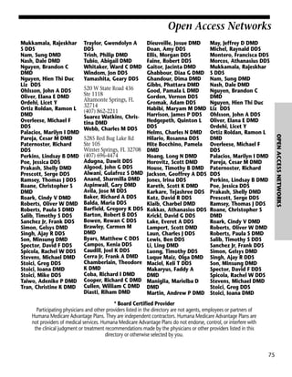 Open Access Networks
Traylor, Gwendolyn A
DDS
Trinh, Philip DMD
Tubio, Abigail DMD
Whitaker, Ward C DMD
Windom, Jon DDS
Yamashita, Geary DDS
520 W State Road 436
Ste 1118
Altamonte Springs, FL
32714
(407) 862-2211
Suarez Watkins, Christina DMD
Webb, Charles M DDS
5285 Red Bug Lake Rd
Ste 105
Winter Springs, FL 32708
(407) 696-4474
Adugna, Dawit DDS
Algood, John G DDS
Alwani, Gulafroz S DMD
Anand, Sharmilla DMD
Aspinwall, Gary DMD
Avila, Jose M DDS
Baker, Richard A DDS
Balda, Maria DDS
Barfield, Gregory K DDS
Barton, Robert B DDS
Bowen, Rewan C DDS
Brawley, Carmen M
DMD
Byars, Matthew C DDS
Campos, Kenia DDS
Caudill, Joel K DDS
Cerra Jr, Frank A DMD
Chamberlain, Theodore
K DMD
Coba, Richard I DMD
Cooper, Richard C DMD
Cullen, William C DMD
Diasti, Riham DMD

Dieuveille, Josue DMD
Doan, Amy DDS
Ellis, Morgan DDS
Faine, Robert DDS
Gaitor, Jacinta DMD
Ghabbour, Diaa G DMD
Ghandour, Dima DMD
Gibbs, Phattara DMD
Good, Pamala L DMD
Gordon, Vernon DDS
Gromak, Adam DDS
Habibi, Maryam M DMD
Harrison, James P DDS
Hedgepeth, Quinton L
DDS
Helms, Charles N DMD
Hilario, Rosanna DDS
Hite Bocchino, Pamela
DMD
Hoang, Long N DMD
Horovitz, Scott DMD
House, Timothy B DMD
Jackson, Geoffrey A DDS
Jones, Irina DDS
Kareth, Scott K DMD
Karkare, Tejashree DDS
Katz, David R DDS
Klaib, Charbel DMD
Kokkas, Athanasios DDS
Krickl, David G DDS
Lake, Everet A DDS
Lampert, Scott DMD
Laun, Charles J DDS
Lewis, Ben DDS
Li, Ling DMD
Luong, Timothy DDS
Luque Maiz, Olga DMD
Maciel, Keli T DDS
Makaryus, Faddy A
DMD
Maniglia, Marielba D
DMD
Martin, Andrew P DMD

May, Jeffrey D DMD
Michel, Raynald DDS
Montero, Francisca DDS
Morcos, Athanasius DDS
Mukkamala, Rajeskhar
S DDS
Nam, Sung DMD
Nash, Dale DMD
Nguyen, Brandon C
DMD
Nguyen, Hien Thi Duc
Liz DDS
Ohlsson, John A DDS
Oliver, Elana E DMD
Ordehi, Licet Y
Ortiz Roldan, Ramon L
DMD
Overleese, Michael F
DDS
Palacios, Marilyn I DMD
Pareja, Cesar M DMD
Paternoster, Richard
DDS
Perkins, Lindsay B DMD
Poe, Jessica DDS
Prakash, Shelly DMD
Prescott, Serge DDS
Ramsey, Thomas J DDS
Roane, Christopher S
DMD
Roark, Cindy V DMD
Roberts, Oliver W DMD
Roberts, Paula S DMD
Salib, Timothy S DDS
Sanchez Jr, Frank DDS
Simon, Gelsys DMD
Singh, Ajay R DDS
Son, Minsung DMD
Spector, David F DDS
Spicola, Rachel W DDS
Stevens, Michael DMD
Stoici, Greg DDS
Stoici, Ioana DMD

* Board Certified Provider
Participating physicians and other providers listed in the directory are not agents, employees or partners of
Humana Medicare Advantage Plans. They are independent contractors. Humana Medicare Advantage Plans are
not providers of medical services. Humana Medicare Advantage Plans do not endorse, control, or interfere with
the clinical judgment or treatment recommendations made by the physicians or other providers listed in this
directory or otherwise selected by you.

75

OPEN ACCESS NETWORKS

Mukkamala, Rajeskhar
S DDS
Nam, Sung DMD
Nash, Dale DMD
Nguyen, Brandon C
DMD
Nguyen, Hien Thi Duc
Liz DDS
Ohlsson, John A DDS
Oliver, Elana E DMD
Ordehi, Licet Y
Ortiz Roldan, Ramon L
DMD
Overleese, Michael F
DDS
Palacios, Marilyn I DMD
Pareja, Cesar M DMD
Paternoster, Richard
DDS
Perkins, Lindsay B DMD
Poe, Jessica DDS
Prakash, Shelly DMD
Prescott, Serge DDS
Ramsey, Thomas J DDS
Roane, Christopher S
DMD
Roark, Cindy V DMD
Roberts, Oliver W DMD
Roberts, Paula S DMD
Salib, Timothy S DDS
Sanchez Jr, Frank DDS
Simon, Gelsys DMD
Singh, Ajay R DDS
Son, Minsung DMD
Spector, David F DDS
Spicola, Rachel W DDS
Stevens, Michael DMD
Stoici, Greg DDS
Stoici, Ioana DMD
Stoici, Mike DDS
Taiwo, Adenike P DMD
Tran, Christine K DMD

 