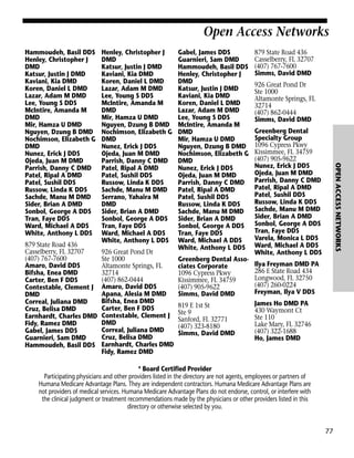 Open Access Networks

879 State Road 436
Casselberry, FL 32707
(407) 767-7600
Amaro, David DDS
Bifsha, Enea DMD
Carter, Ben F DDS
Contestable, Clement J
DMD
Correal, Juliana DMD
Cruz, Belisa DMD
Earnhardt, Charles DMD
Fidy, Ramez DMD
Gabel, James DDS
Guarnieri, Sam DMD
Hammoudeh, Basil DDS

Henley, Christopher J
DMD
Katsur, Justin J DMD
Kaviani, Kia DMD
Koren, Daniel L DMD
Lazar, Adam M DMD
Lee, Young S DDS
McIntire, Amanda M
DMD
Mir, Hamza U DMD
Nguyen, Dzung B DMD
Nochimson, Elizabeth G
DMD
Nunez, Erick J DDS
Ojeda, Juan M DMD
Parrish, Danny C DMD
Patel, Ripal A DMD
Patel, Sushil DDS
Russow, Linda K DDS
Sachde, Manu M DMD
Serrano, Yahaira M
DMD
Sider, Brian A DMD
Sonbol, George A DDS
Tran, Faye DDS
Ward, Michael A DDS
White, Anthony L DDS
926 Great Pond Dr
Ste 1000
Altamonte Springs, FL
32714
(407) 862-0444
Amaro, David DDS
Apana, Alesia M DMD
Bifsha, Enea DMD
Carter, Ben F DDS
Contestable, Clement J
DMD
Correal, Juliana DMD
Cruz, Belisa DMD
Earnhardt, Charles DMD
Fidy, Ramez DMD

Gabel, James DDS
Guarnieri, Sam DMD
Hammoudeh, Basil DDS
Henley, Christopher J
DMD
Katsur, Justin J DMD
Kaviani, Kia DMD
Koren, Daniel L DMD
Lazar, Adam M DMD
Lee, Young S DDS
McIntire, Amanda M
DMD
Mir, Hamza U DMD
Nguyen, Dzung B DMD
Nochimson, Elizabeth G
DMD
Nunez, Erick J DDS
Ojeda, Juan M DMD
Parrish, Danny C DMD
Patel, Ripal A DMD
Patel, Sushil DDS
Russow, Linda K DDS
Sachde, Manu M DMD
Sider, Brian A DMD
Sonbol, George A DDS
Tran, Faye DDS
Ward, Michael A DDS
White, Anthony L DDS
Greenberg Dental Associates Corporate
1096 Cypress Pkwy
Kissimmee, FL 34759
(407) 905-9622
Simms, David DMD
819 E 1st St
Ste 9
Sanford, FL 32771
(407) 323-8180
Simms, David DMD

879 State Road 436
Casselberry, FL 32707
(407) 767-7600
Simms, David DMD
926 Great Pond Dr
Ste 1000
Altamonte Springs, FL
32714
(407) 862-0444
Simms, David DMD
Greenberg Dental
Specialty Group
1096 Cypress Pkwy
Kissimmee, FL 34759
(407) 905-9622
Nunez, Erick J DDS
Ojeda, Juan M DMD
Parrish, Danny C DMD
Patel, Ripal A DMD
Patel, Sushil DDS
Russow, Linda K DDS
Sachde, Manu M DMD
Sider, Brian A DMD
Sonbol, George A DDS
Tran, Faye DDS
Varela, Monica L DDS
Ward, Michael A DDS
White, Anthony L DDS

OPEN ACCESS NETWORKS

Hammoudeh, Basil DDS
Henley, Christopher J
DMD
Katsur, Justin J DMD
Kaviani, Kia DMD
Koren, Daniel L DMD
Lazar, Adam M DMD
Lee, Young S DDS
McIntire, Amanda M
DMD
Mir, Hamza U DMD
Nguyen, Dzung B DMD
Nochimson, Elizabeth G
DMD
Nunez, Erick J DDS
Ojeda, Juan M DMD
Parrish, Danny C DMD
Patel, Ripal A DMD
Patel, Sushil DDS
Russow, Linda K DDS
Sachde, Manu M DMD
Sider, Brian A DMD
Sonbol, George A DDS
Tran, Faye DDS
Ward, Michael A DDS
White, Anthony L DDS

Ilya Freyman DMD PA
286 E State Road 434
Longwood, FL 32750
(407) 260-0224
Freyman, Ilya V DDS
James Ho DMD PA
430 Waymont Ct
Ste 110
Lake Mary, FL 32746
(407) 322-1688
Ho, James DMD

* Board Certified Provider
Participating physicians and other providers listed in the directory are not agents, employees or partners of
Humana Medicare Advantage Plans. They are independent contractors. Humana Medicare Advantage Plans are
not providers of medical services. Humana Medicare Advantage Plans do not endorse, control, or interfere with
the clinical judgment or treatment recommendations made by the physicians or other providers listed in this
directory or otherwise selected by you.

77

 