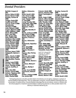 DENTAL PROVIDERS

Dental Providers
Barfield, Gregory K
DDS
Barton, Robert B DDS
Bowen, Rewan C DDS
Brawley, Carmen M
DMD
Campos, Kenia DDS
Caudill, Joel K DDS
Cerra Jr, Frank A DMD
Chamberlain,
Theodore K DMD
Coba, Richard I DMD
Cooper, Richard C DMD
Cullen, William C DMD
Diasti, Riham DMD
Doan, Amy DDS
Ellis, Morgan DDS
Faine, Robert DDS
Ghabbour, Diaa G DMD
Ghandour, Dima DMD
Gibbs, Phattara DMD
Good, Pamala L DMD
Gordon, Vernon DDS
Gromak, Adam DDS
Habibi, Maryam M
DMD
Harrison, James P DDS
Hedgepeth, Quinton L
DDS
Helms, Charles N DMD
Hilario, Rosanna DDS
Hite Bocchino, Pamela
DMD
Hoang, Long N DMD
Horovitz, Scott DMD
House, Timothy B DMD
Jackson, Geoffrey A
DDS
Jones, Irina DDS
Kareth, Scott K DMD
Karkare, Tejashree DDS
Katz, David R DDS
Klaib, Charbel DMD

Kokkas, Athanasios
DDS
Krickl, David G DDS
Lake, Everet A DDS
Lampert, Scott DMD
Laun, Charles J DDS
Li, Ling DMD
Luong, Timothy DDS
Luque Maiz, Olga DMD
Maciel, Keli T DDS
Makaryus, Faddy A
DMD
Maniglia, Marielba D
DMD
Martin, Andrew P DMD
May, Jeffrey D DMD
Michel, Raynald DDS
Montero, Francisca
DDS
Morcos, Athanasius
DDS
Mukkamala, Rajeskhar
S DDS
Nam, Sung DMD
Nash, Dale DMD
Nguyen, Brandon C
DMD
Nguyen, Hien Thi Duc
Liz DDS
Ohlsson, John A DDS
Oliver, Elana E DMD
Ordehi, Licet Y
Ortiz Roldan, Ramon L
DMD
Overleese, Michael F
DDS
Palacios, Marilyn I
DMD
Pareja, Cesar M DMD
Paternoster, Richard
DDS
Perkins, Lindsay B DMD
Poe, Jessica DDS

Prakash, Shelly DMD
Ramsey, Thomas J DDS
Roane, Christopher S
DMD
Roark, Cindy V DMD
Roberts, Oliver W DMD
Roberts, Paula S DMD
Salib, Timothy S DDS
Sanchez Jr, Frank DDS
Singh, Ajay R DDS
Son, Minsung DMD
Spector, David F DDS
Spicola, Rachel W DDS
Stevens, Michael DMD
Stoici, Greg DDS
Stoici, Ioana DMD
Stoici, Mike DDS
Taiwo, Adenike P DMD
Tran, Christine K DMD
Traylor, Gwendolyn A
DDS
Trinh, Philip DMD
Tubio, Abigail DMD
Whitaker, Ward C DMD
Windom, Jon DDS
Yamashita, Geary DDS
6432 W Colonial Dr
Orlando, FL 32818
(407) 293-9573
Adugna, Dawit DDS
Algood, John G DDS
Alwani, Gulafroz S
DMD
Anand, Sharmilla DMD
Aspinwall, Gary DMD
Avila, Jose M DDS
Baker, Richard A DDS
Balda, Maria DDS
Barfield, Gregory K
DDS
Barton, Robert B DDS
Bowen, Rewan C DDS

Brawley, Carmen M
DMD
Campos, Kenia DDS
Caudill, Joel K DDS
Cerra Jr, Frank A DMD
Chamberlain,
Theodore K DMD
Coba, Richard I DMD
Cooper, Richard C DMD
Cullen, William C DMD
Diasti, Riham DMD
Dieuveille, Josue DMD
Doan, Amy DDS
Ellis, Morgan DDS
Faine, Robert DDS
Ghabbour, Diaa G DMD
Ghandour, Dima DMD
Gibbs, Phattara DMD
Good, Pamala L DMD
Gordon, Vernon DDS
Gromak, Adam DDS
Habibi, Maryam M
DMD
Harrison, James P DDS
Hedgepeth, Quinton L
DDS
Helms, Charles N DMD
Hilario, Rosanna DDS
Hite Bocchino, Pamela
DMD
Hoang, Long N DMD
Horovitz, Scott DMD
House, Timothy B DMD
Jackson, Geoffrey A
DDS
Jones, Irina DDS
Kareth, Scott K DMD
Karkare, Tejashree DDS
Katz, David R DDS
Klaib, Charbel DMD
Kokkas, Athanasios
DDS
Krickl, David G DDS

Participating physicians and other providers listed in the directory are not agents, employees or partners of
Humana Medicare Advantage Plans. They are independent contractors. Humana Medicare Advantage Plans are
not providers of medical services. Humana Medicare Advantage Plans do not endorse, control, or interfere with
the clinical judgment or treatment recommendations made by the physicians or other providers listed in this
directory or otherwise selected by you.

98

 
