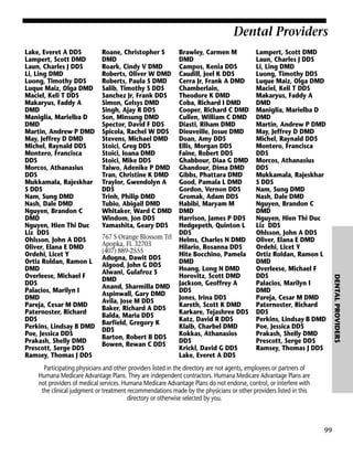 Dental Providers
Roane, Christopher S
DMD
Roark, Cindy V DMD
Roberts, Oliver W DMD
Roberts, Paula S DMD
Salib, Timothy S DDS
Sanchez Jr, Frank DDS
Simon, Gelsys DMD
Singh, Ajay R DDS
Son, Minsung DMD
Spector, David F DDS
Spicola, Rachel W DDS
Stevens, Michael DMD
Stoici, Greg DDS
Stoici, Ioana DMD
Stoici, Mike DDS
Taiwo, Adenike P DMD
Tran, Christine K DMD
Traylor, Gwendolyn A
DDS
Trinh, Philip DMD
Tubio, Abigail DMD
Whitaker, Ward C DMD
Windom, Jon DDS
Yamashita, Geary DDS
767 S Orange Blossom Trl
Apopka, FL 32703
(407) 889-2555
Adugna, Dawit DDS
Algood, John G DDS
Alwani, Gulafroz S
DMD
Anand, Sharmilla DMD
Aspinwall, Gary DMD
Avila, Jose M DDS
Baker, Richard A DDS
Balda, Maria DDS
Barfield, Gregory K
DDS
Barton, Robert B DDS
Bowen, Rewan C DDS

Brawley, Carmen M
DMD
Campos, Kenia DDS
Caudill, Joel K DDS
Cerra Jr, Frank A DMD
Chamberlain,
Theodore K DMD
Coba, Richard I DMD
Cooper, Richard C DMD
Cullen, William C DMD
Diasti, Riham DMD
Dieuveille, Josue DMD
Doan, Amy DDS
Ellis, Morgan DDS
Faine, Robert DDS
Ghabbour, Diaa G DMD
Ghandour, Dima DMD
Gibbs, Phattara DMD
Good, Pamala L DMD
Gordon, Vernon DDS
Gromak, Adam DDS
Habibi, Maryam M
DMD
Harrison, James P DDS
Hedgepeth, Quinton L
DDS
Helms, Charles N DMD
Hilario, Rosanna DDS
Hite Bocchino, Pamela
DMD
Hoang, Long N DMD
Horovitz, Scott DMD
Jackson, Geoffrey A
DDS
Jones, Irina DDS
Kareth, Scott K DMD
Karkare, Tejashree DDS
Katz, David R DDS
Klaib, Charbel DMD
Kokkas, Athanasios
DDS
Krickl, David G DDS
Lake, Everet A DDS

Lampert, Scott DMD
Laun, Charles J DDS
Li, Ling DMD
Luong, Timothy DDS
Luque Maiz, Olga DMD
Maciel, Keli T DDS
Makaryus, Faddy A
DMD
Maniglia, Marielba D
DMD
Martin, Andrew P DMD
May, Jeffrey D DMD
Michel, Raynald DDS
Montero, Francisca
DDS
Morcos, Athanasius
DDS
Mukkamala, Rajeskhar
S DDS
Nam, Sung DMD
Nash, Dale DMD
Nguyen, Brandon C
DMD
Nguyen, Hien Thi Duc
Liz DDS
Ohlsson, John A DDS
Oliver, Elana E DMD
Ordehi, Licet Y
Ortiz Roldan, Ramon L
DMD
Overleese, Michael F
DDS
Palacios, Marilyn I
DMD
Pareja, Cesar M DMD
Paternoster, Richard
DDS
Perkins, Lindsay B DMD
Poe, Jessica DDS
Prakash, Shelly DMD
Prescott, Serge DDS
Ramsey, Thomas J DDS

Participating physicians and other providers listed in the directory are not agents, employees or partners of
Humana Medicare Advantage Plans. They are independent contractors. Humana Medicare Advantage Plans are
not providers of medical services. Humana Medicare Advantage Plans do not endorse, control, or interfere with
the clinical judgment or treatment recommendations made by the physicians or other providers listed in this
directory or otherwise selected by you.

99

DENTAL PROVIDERS

Lake, Everet A DDS
Lampert, Scott DMD
Laun, Charles J DDS
Li, Ling DMD
Luong, Timothy DDS
Luque Maiz, Olga DMD
Maciel, Keli T DDS
Makaryus, Faddy A
DMD
Maniglia, Marielba D
DMD
Martin, Andrew P DMD
May, Jeffrey D DMD
Michel, Raynald DDS
Montero, Francisca
DDS
Morcos, Athanasius
DDS
Mukkamala, Rajeskhar
S DDS
Nam, Sung DMD
Nash, Dale DMD
Nguyen, Brandon C
DMD
Nguyen, Hien Thi Duc
Liz DDS
Ohlsson, John A DDS
Oliver, Elana E DMD
Ordehi, Licet Y
Ortiz Roldan, Ramon L
DMD
Overleese, Michael F
DDS
Palacios, Marilyn I
DMD
Pareja, Cesar M DMD
Paternoster, Richard
DDS
Perkins, Lindsay B DMD
Poe, Jessica DDS
Prakash, Shelly DMD
Prescott, Serge DDS
Ramsey, Thomas J DDS

 