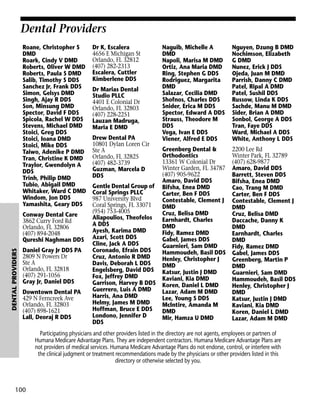 Dental Providers
Roane, Christopher S
DMD
Roark, Cindy V DMD
Roberts, Oliver W DMD
Roberts, Paula S DMD
Salib, Timothy S DDS
Sanchez Jr, Frank DDS
Simon, Gelsys DMD
Singh, Ajay R DDS
Son, Minsung DMD
Spector, David F DDS
Spicola, Rachel W DDS
Stevens, Michael DMD
Stoici, Greg DDS
Stoici, Ioana DMD
Stoici, Mike DDS
Taiwo, Adenike P DMD
Tran, Christine K DMD
Traylor, Gwendolyn A
DDS
Trinh, Philip DMD
Tubio, Abigail DMD
Whitaker, Ward C DMD
Windom, Jon DDS
Yamashita, Geary DDS

DENTAL PROVIDERS

Conway Dental Care
3862 Curry Ford Rd
Orlando, FL 32806
(407) 894-2048
Qureshi Naghman DDS
Daniel Gray Jr DDS PA
2809 N Powers Dr
Ste A
Orlando, FL 32818
(407) 291-1056
Gray Jr, Daniel DDS
Downtown Dental PA
429 N Ferncreek Ave
Orlando, FL 32803
(407) 898-1621
Lall, Deoraj R DDS

Dr K, Escalera
4656 E Michigan St
Orlando, FL 32812
(407) 282-2313
Escalera, Cuttler
Kimberlene DDS
Dr Marias Dental
Studio PLLC
4401 E Colonial Dr
Orlando, FL 32803
(407) 228-2251
Lauzan Madruga,
Maria E DMD
Drew Dental PA
10801 Dylan Loren Cir
Ste A
Orlando, FL 32825
(407) 482-3739
Guzman, Marcela D
DDS
Gentle Dental Group of
Coral Springs PLLC
987 University Blvd
Coral Springs, FL 33071
(954) 753-4005
Aliapoulios, Theofelos
A DDS
Ayesh, Karima DMD
Azari, Scott DDS
Cline, Jack A DDS
Coronado, Efrain DDS
Cruz, Antonio R DMD
Davis, Deborah L DDS
Engelsberg, David DDS
Fox, Jeffrey DMD
Garrison, Harvey B DDS
Guerrero, Luis A DMD
Harris, Ana DMD
Helmy, James M DMD
Hoffman, Bruce E DDS
Londono, Jennifer D
DDS

Naguib, Michelle A
DMD
Napoli, Marisa M DMD
Ortiz, Ana Maria DMD
Ring, Stephen G DDS
Rodriguez, Margarita
DMD
Salazar, Cecilia DMD
Shofnos, Charles DDS
Snider, Erica M DDS
Spector, Edward A DDS
Strauss, Theodore M
DDS
Vega, Ivan E DDS
Viener, Alfred E DDS

Nguyen, Dzung B DMD
Nochimson, Elizabeth
G DMD
Nunez, Erick J DDS
Ojeda, Juan M DMD
Parrish, Danny C DMD
Patel, Ripal A DMD
Patel, Sushil DDS
Russow, Linda K DDS
Sachde, Manu M DMD
Sider, Brian A DMD
Sonbol, George A DDS
Tran, Faye DDS
Ward, Michael A DDS
White, Anthony L DDS

Greenberg Dental &
Orthodontics
13361 W Colonial Dr
Winter Garden, FL 34787
(407) 905-9622
Amaro, David DDS
Bifsha, Enea DMD
Carter, Ben F DDS
Contestable, Clement J
DMD
Cruz, Belisa DMD
Earnhardt, Charles
DMD
Fidy, Ramez DMD
Gabel, James DDS
Guarnieri, Sam DMD
Hammoudeh, Basil DDS
Henley, Christopher J
DMD
Katsur, Justin J DMD
Kaviani, Kia DMD
Koren, Daniel L DMD
Lazar, Adam M DMD
Lee, Young S DDS
McIntire, Amanda M
DMD
Mir, Hamza U DMD

2200 Lee Rd
Winter Park, FL 32789
(407) 628-9877
Amaro, David DDS
Barrett, Steven DDS
Bifsha, Enea DMD
Cao, Trang M DMD
Carter, Ben F DDS
Contestable, Clement J
DMD
Cruz, Belisa DMD
Daccache, Danny K
DMD
Earnhardt, Charles
DMD
Fidy, Ramez DMD
Gabel, James DDS
Greenberg, Martin P
DMD
Guarnieri, Sam DMD
Hammoudeh, Basil DDS
Henley, Christopher J
DMD
Katsur, Justin J DMD
Kaviani, Kia DMD
Koren, Daniel L DMD
Lazar, Adam M DMD

Participating physicians and other providers listed in the directory are not agents, employees or partners of
Humana Medicare Advantage Plans. They are independent contractors. Humana Medicare Advantage Plans are
not providers of medical services. Humana Medicare Advantage Plans do not endorse, control, or interfere with
the clinical judgment or treatment recommendations made by the physicians or other providers listed in this
directory or otherwise selected by you.

100

 
