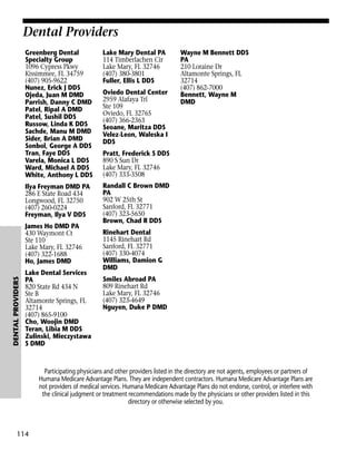 Dental Providers
Greenberg Dental
Specialty Group
1096 Cypress Pkwy
Kissimmee, FL 34759
(407) 905-9622
Nunez, Erick J DDS
Ojeda, Juan M DMD
Parrish, Danny C DMD
Patel, Ripal A DMD
Patel, Sushil DDS
Russow, Linda K DDS
Sachde, Manu M DMD
Sider, Brian A DMD
Sonbol, George A DDS
Tran, Faye DDS
Varela, Monica L DDS
Ward, Michael A DDS
White, Anthony L DDS

Lake Mary Dental PA
114 Timberlachen Cir
Lake Mary, FL 32746
(407) 380-3801
Fuller, Ellis L DDS

Ilya Freyman DMD PA
286 E State Road 434
Longwood, FL 32750
(407) 260-0224
Freyman, Ilya V DDS

Randall C Brown DMD
PA
902 W 25th St
Sanford, FL 32771
(407) 323-5650
Brown, Chad R DDS

DENTAL PROVIDERS

James Ho DMD PA
430 Waymont Ct
Ste 110
Lake Mary, FL 32746
(407) 322-1688
Ho, James DMD
Lake Dental Services
PA
820 State Rd 434 N
Ste B
Altamonte Springs, FL
32714
(407) 865-9100
Cho, Woojin DMD
Teran, Libia M DDS
Zulinski, Mieczystawa
S DMD

Oviedo Dental Center
2959 Alafaya Trl
Ste 109
Oviedo, FL 32765
(407) 366-2363
Seoane, Maritza DDS
Velez-Leon, Waleska I
DDS

Wayne M Bennett DDS
PA
210 Loraine Dr
Altamonte Springs, FL
32714
(407) 862-7000
Bennett, Wayne M
DMD

Pratt, Frederick S DDS
890 S Sun Dr
Lake Mary, FL 32746
(407) 333-3508

Rinehart Dental
1145 Rinehart Rd
Sanford, FL 32771
(407) 330-4074
Williams, Damion G
DMD
Smiles Abroad PA
809 Rinehart Rd
Lake Mary, FL 32746
(407) 323-4649
Nguyen, Duke P DMD

Participating physicians and other providers listed in the directory are not agents, employees or partners of
Humana Medicare Advantage Plans. They are independent contractors. Humana Medicare Advantage Plans are
not providers of medical services. Humana Medicare Advantage Plans do not endorse, control, or interfere with
the clinical judgment or treatment recommendations made by the physicians or other providers listed in this
directory or otherwise selected by you.

114

 