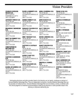 Vision Providers
DAVID A ROBERTS O.D.
706 W SR 436
ALTAMONTE SPRINGS, FL
32714
(407) 774-1318

JOHN J GIARDINA O.D.
706 W SR 436
ALTAMONTE SPRINGS, FL
32714
(407) 774-1318

TRANG N HA O.D.
706 W SR 436
ALTAMONTE SPRINGS, FL
32714
(407) 774-1318

ANTHONY PORCO O.D.
706 W SR 436
ALTAMONTE SPRINGS, FL
32714
(407) 774-1318

DEBBIE FORREST O.D.
706 W SR 436
ALTAMONTE SPRINGS, FL
32714
(407) 774-1318

JOHN R BUCH O.D.
706 W SR 436
ALTAMONTE SPRINGS, FL
32714
(407) 774-1318

BRANDON E MONDESIR
O.D.
706 W SR 436
ALTAMONTE SPRINGS, FL
32714
(407) 774-1318

DONALD F ELLISON O.D.
706 W SR 436
ALTAMONTE SPRINGS, FL
32714
(407) 774-1318

KAY T VIEN O.D.
706 W SR 436
ALTAMONTE SPRINGS, FL
32714
(407) 774-1318

VANESSA M MORALES
O.D.
706 W SR 436
ALTAMONTE SPRINGS, FL
32714
(407) 774-1318

KEVIN G BROOKS O.D.
706 W SR 436
ALTAMONTE SPRINGS, FL CHRISTOPHER W REED
32714
O.D.
(407) 774-1318
931 N STATE RD 434
STE 1140
GUSTAVO A CASTILLO
NANCY NGUYEN O.D.
ALTAMONTE SPRINGS, FL
CHRISTOPHER M
O.D.
706 W SR 436
32714
MCCANN O.D.
706 W SR 436
ALTAMONTE SPRINGS, FL (407) 671-2020
706 W SR 436
ALTAMONTE SPRINGS, FL 32714
ALTAMONTE SPRINGS, FL 32714
(407) 774-1318
KENNETH C HUNT O.D.
32714
(407) 774-1318
938 WILLISTON PARK
PAULINE L NGUYEN O.D. POINT
(407) 774-1318
JASON E SANT O.D.
706 W SR 436
LAKE MARY, FL 32746
CLINTON R ANDERSON 706 W SR 436
ALTAMONTE SPRINGS, FL (407) 444-4911
O.D.
ALTAMONTE SPRINGS, FL 32714
32714
(407) 774-1318
706 W SR 436
DALE S JOHNSON O.D.
ALTAMONTE SPRINGS, FL (407) 774-1318
983 W STATE RD 434
PRISCILLA L RAMOS
32714
LONGWOOD, FL 32750
JILMA H ELLISON O.D.
O.D.
(407) 774-1318
(407) 261-0505
706 W SR 436
706 W SR 436
DANIEL M FLEMING O.D. ALTAMONTE SPRINGS, FL ALTAMONTE SPRINGS, FL CYNTHIA S RODRIGUEZ
706 W SR 436
32714
32714
O.D.
ALTAMONTE SPRINGS, FL (407) 774-1318
(407) 774-1318
ALTAMONTE MALL
32714
451 E ALTAMONTE DR
(407) 774-1318
STE 1467
ALTAMONTE SPRINGS, FL
32701
(407) 830-7448
BRETT W FORREST O.D.
706 W SR 436
ALTAMONTE SPRINGS, FL
32714
(407) 774-1318

ERIK T BUCKLEY O.D.
706 W SR 436
ALTAMONTE SPRINGS, FL
32714
(407) 774-1318

INGRID C PETERSON
O.D.
820 W LAKE MARY BLVD
STE 104
SANFORD, FL 32773
(407) 322-2230

Participating physicians and other providers listed in the directory are not agents, employees or partners of
Humana Medicare Advantage Plans. They are independent contractors. Humana Medicare Advantage Plans are
not providers of medical services. Humana Medicare Advantage Plans do not endorse, control, or interfere with
the clinical judgment or treatment recommendations made by the physicians or other providers listed in this
directory or otherwise selected by you.

127

VISION PROVIDERS

CHARLES R DESCHENEAUX O.D.
601 E 25TH ST
SANFORD, FL 32771
(407) 322-8899

 