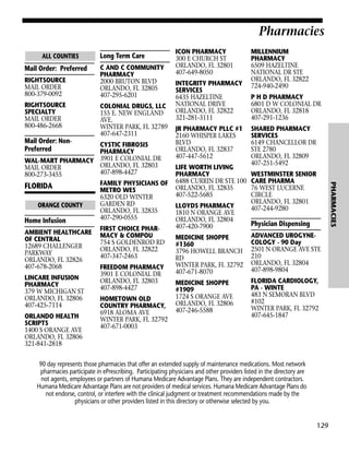 Pharmacies
Pharmacies

ALL COUNTIES

Mail Order: Preferred
RIGHTSOURCE
MAIL ORDER
800-379-0092
RIGHTSOURCE
SPECIALTY
MAIL ORDER
800-486-2668

Long Term Care
C AND C COMMUNITY
PHARMACY
2000 BRUTON BLVD
ORLANDO, FL 32805
407-295-6201
COLONIAL DRUGS, LLC
155 E. NEW ENGLAND
AVE.
WINTER PARK, FL 32789
407-647-2311

Mail Order: NonPreferred

AMBIENT HEALTHCARE
OF CENTRAL
12689 CHALLENGER
PARKWAY
ORLANDO, FL 32826
407-678-2068
LINCARE INFUSION
PHARMACY
379 W MICHIGAN ST
ORLANDO, FL 32806
407-425-7114
ORLANDO HEALTH
SCRIPTS
1400 S ORANGE AVE
ORLANDO, FL 32806
321-841-2818

FIRST CHOICE PHARMACY & COMPOU
754 S GOLDENROD RD
ORLANDO, FL 32822
407-347-2463
FREEDOM PHARMACY
3901 E COLONIAL DR
ORLANDO, FL 32803
407-898-4427
HOMETOWN OLD
COUNTRY PHARMACY,
6918 ALOMA AVE
WINTER PARK, FL 32792
407-671-0003

INTEGRITY PHARMACY
SERVICES
6435 HAZELTINE
NATIONAL DRIVE
ORLANDO, FL 32822
321-281-3111
JR PHARMACY PLLC #1
2160 WHISPER LAKES
BLVD
ORLANDO, FL 32837
407-447-5612
LIFE WORTH LIVING
PHARMACY
6488 CURRIN DR STE 100
ORLANDO, FL 32835
407-522-5685
LLOYDS PHARMACY
1810 N ORANGE AVE
ORLANDO, FL 32804
407-420-7900

MILLENNIUM
PHARMACY
6509 HAZELTINE
NATIONAL DR STE
ORLANDO, FL 32822
724-940-2490
P H D PHARMACY
6801 D W COLONIAL DR
ORLANDO, FL 32818
407-291-1236
SHARED PHARMACY
SERVICES
6149 CHANCELLOR DR
STE 2780
ORLANDO, FL 32809
407-251-5492
WESTMINSTER SENIOR
CARE PHARMA
76 WEST LUCERNE
CIRCLE
ORLANDO, FL 32801
407-244-9280

PHARMACIES

CYSTIC FIBROSIS
PHARMACY
WAL-MART PHARMACY 3901 E COLONIAL DR
ORLANDO, FL 32803
MAIL ORDER
407-898-4427
800-273-3455
FAMILY PHYSICIANS OF
FLORIDA
METRO WES
6320 OLD WINTER
GARDEN RD
ORANGE COUNTY
ORLANDO, FL 32835
407-290-0555
Home Infusion

ICON PHARMACY
300 E CHURCH ST
ORLANDO, FL 32801
407-649-8050

Physician Dispensing

MEDICINE SHOPPE
#1360
3796 HOWELL BRANCH
RD
WINTER PARK, FL 32792
407-671-8070

ADVANCED UROGYNECOLOGY - 90 Day
2501 N ORANGE AVE STE
210
ORLANDO, FL 32804
407-898-9804

MEDICINE SHOPPE
#1909
1724 S ORANGE AVE
ORLANDO, FL 32806
407-246-5588

FLORIDA CARDIOLOGY,
PA - WINTE
483 N SEMORAN BLVD
#102
WINTER PARK, FL 32792
407-645-1847

90 day represents those pharmacies that offer an extended supply of maintenance medications. Most network
pharmacies participate in ePrescribing. Participating physicians and other providers listed in the directory are
not agents, employees or partners of Humana Medicare Advantage Plans. They are independent contractors.
Humana Medicare Advantage Plans are not providers of medical services. Humana Medicare Advantage Plans do
not endorse, control, or interfere with the clinical judgment or treatment recommendations made by the
physicians or other providers listed in this directory or otherwise selected by you.

129

 