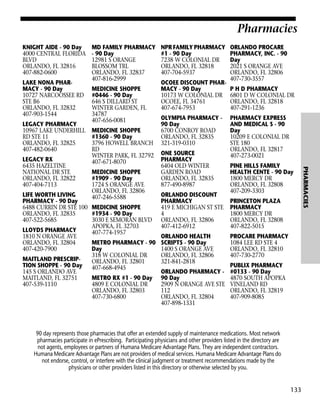 Pharmacies
KNIGHT AIDE - 90 Day
4000 CENTRAL FLORIDA
BLVD
ORLANDO, FL 32816
407-882-0600
LAKE NONA PHARMACY - 90 Day
10727 NARCOOSSEE RD
STE B6
ORLANDO, FL 32832
407-903-1544
LEGACY PHARMACY
10967 LAKE UNDERHILL
RD STE 11
ORLANDO, FL 32825
407-482-0640

MEDICINE SHOPPE
#0446 - 90 Day
646 S DILLARD ST
WINTER GARDEN, FL
34787
407-656-0081
MEDICINE SHOPPE
#1360 - 90 Day
3796 HOWELL BRANCH
RD
WINTER PARK, FL 32792
407-671-8070
MEDICINE SHOPPE
#1909 - 90 Day
1724 S ORANGE AVE
ORLANDO, FL 32806
407-246-5588

LIFE WORTH LIVING
PHARMACY - 90 Day
6488 CURRIN DR STE 100 MEDICINE SHOPPE
ORLANDO, FL 32835
#1934 - 90 Day
407-522-5685
3030 E SEMORAN BLVD
APOPKA, FL 32703
LLOYDS PHARMACY
407-774-1957
1810 N ORANGE AVE
ORLANDO, FL 32804
METRO PHARMACY - 90
407-420-7900
Day
318 W COLONIAL DR
MAITLAND PRESCRIPORLANDO, FL 32801
TION SHOPPE - 90 Day
407-668-4945
145 S ORLANDO AVE
MAITLAND, FL 32751
METRO RX #1 - 90 Day
407-539-1110
4809 E COLONIAL DR
ORLANDO, FL 32803
407-730-6800

NPR FAMILY PHARMACY
#1 - 90 Day
7238 W COLONIAL DR
ORLANDO, FL 32818
407-704-5937
OCOEE DISCOUNT PHARMACY - 90 Day
10173 W COLONIAL DR
OCOEE, FL 34761
407-674-7953
OLYMPIA PHARMACY 90 Day
6700 CONROY ROAD
ORLANDO, FL 32835
321-319-0310
ONE SOURCE
PHARMACY
6404 OLD WINTER
GARDEN ROAD
ORLANDO, FL 32835
877-490-8987
ORLANDO DISCOUNT
PHARMACY
419 E MICHIGAN ST STE
4
ORLANDO, FL 32806
407-412-6912
ORLANDO HEALTH
SCRIPTS - 90 Day
1400 S ORANGE AVE
ORLANDO, FL 32806
321-841-2818
ORLANDO PHARMACY 90 Day
2909 N ORANGE AVE STE
112
ORLANDO, FL 32804
407-898-1331

ORLANDO PROCARE
PHARMACY, INC. - 90
Day
2021 S ORANGE AVE
ORLANDO, FL 32806
407-730-3557
P H D PHARMACY
6801 D W COLONIAL DR
ORLANDO, FL 32818
407-291-1236
PHARMACY EXPRESS
AND MEDICAL S - 90
Day
10209 E COLONIAL DR
STE 180
ORLANDO, FL 32817
407-273-0021
PINE HILLS FAMILY
HEALTH CENTE - 90 Day
1800 MERCY DR
ORLANDO, FL 32808
407-209-3303
PRINCETON PLAZA
PHARMACY
1800 MERCY DR
ORLANDO, FL 32808
407-822-5015
PROCARE PHARMACY
1084 LEE RD STE 4
ORLANDO, FL 32810
407-730-2770
PUBLIX PHARMACY
#0133 - 90 Day
4870 SOUTH APOPKA
VINELAND RD
ORLANDO, FL 32819
407-909-8085

90 day represents those pharmacies that offer an extended supply of maintenance medications. Most network
pharmacies participate in ePrescribing. Participating physicians and other providers listed in the directory are
not agents, employees or partners of Humana Medicare Advantage Plans. They are independent contractors.
Humana Medicare Advantage Plans are not providers of medical services. Humana Medicare Advantage Plans do
not endorse, control, or interfere with the clinical judgment or treatment recommendations made by the
physicians or other providers listed in this directory or otherwise selected by you.

133

PHARMACIES

LEGACY RX
6435 HAZELTINE
NATIONAL DR STE
ORLANDO, FL 32822
407-404-7113

MD FAMILY PHARMACY
- 90 Day
12981 S ORANGE
BLOSSOM TRL
ORLANDO, FL 32837
407-816-2999

 