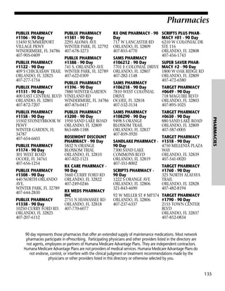 Pharmacies
PUBLIX PHARMACY
#1106 - 90 Day
13450 SUMMERPORT
VILLAGE PKWY
WINDERMERE, FL 34786
407-905-0409
PUBLIX PHARMACY
#1122 - 90 Day
409 S CHICKASAW TRAIL
ORLANDO, FL 32825
407-277-1754
PUBLIX PHARMACY
#1131 - 90 Day
400 EAST CENTRAL BLVD
ORLANDO, FL 32801
407-872-7207

PUBLIX PHARMACY
#1174 - 90 Day
301 WEST ROAD
OCOEE, FL 34761
407-656-1254
PUBLIX PHARMACY
#1308 - 90 Day
440 NORTH ORLANDO
AVE.
WINTER PARK, FL 32789
407-644-2830
PUBLIX PHARMACY
#1338 - 90 Day
10250 CURRY FORD RD.
ORLANDO, FL 32825
407-207-6112

RX ONE PHARMACY - 90
Day
717 W LANCASTER RD
ORLANDO, FL 32809
407-855-4770

PUBLIX PHARMACY
#1388 - 90 Day
741 S. ORLANDO AVE
WINTER PARK, FL 32789
407-622-0309

SAMS PHARMACY
#106212 - 90 Day
7701 E COLONIAL DRIVE
ORLANDO, FL 32807
407-282-1148

PUBLIX PHARMACY
#1396 - 90 Day
7880 WINTER GARDEN
VINELAND RD
WINDERMERE, FL 34786
407-876-0417

SAMS PHARMACY
#106218 - 90 Day
7810 WEST COLONIAL
DRIVE
OCOEE, FL 32818
407-532-3134

PUBLIX PHARMACY
#3200 - 90 Day
1950 SAND LAKE ROAD
ORLANDO, FL 32809
863-688-1188

SAMS PHARMACY
#108290 - 90 Day
9498 S ORANGE
BLOSSOM TRAIL
ORLANDO, FL 32837
407-859-3920

ROSEMONT DISCOUNT
PHARMACY - 90 Day
5832 N ORANGE
BLOSSOM TRIAL
ORLANDO, FL 32810
407-822-1121
RX CARE PHARMACY 90 Day
5660 CURRY FORD RD
ORLANDO, FL 32822
407-249-0246
RX MEDS PHARMACY
INC
2751 N HIAWASSEE RD
ORLANDO, FL 32818
407-770-6077

SANDLAKE PHARMACY 90 Day
7300 SAND LAKE
COMMONS BLVD
ORLANDO, FL 32819
407-351-8002
SCRIPTS PHARMACY 90 Day
1222 S ORANGE AVE
ORLANDO, FL 32806
321-843-4690

SCRIPTS PLUS PHARMACY #01 - 90 Day
6210 W COLONIAL DR
STE 116
ORLANDO, FL 32808
407-456-1743
SUPER SAVER PHARMACY #2 - 90 Day
1800 W OAK RIDGE RD
ORLANDO, FL 32809
407-472-6580
TARGET PHARMACY
#0649 - 90 Day
718 MAGUIRE BLVD
ORLANDO, FL 32803
407-895-1025
TARGET PHARMACY
#0650 - 90 Day
880 SAND LAKE ROAD
ORLANDO, FL 32809
407-587-0005

PHARMACIES

PUBLIX PHARMACY
#1158 - 90 Day
15502 STONEYBROOK W
PKWY
WINTER GARDEN, FL
34787
407-654-6603

PUBLIX PHARMACY
#1381 - 90 Day
2295 ALOMA AVE
WINTER PARK, FL 32792
407-678-3273

TARGET PHARMACY
#1518 - 90 Day
4750 MILLENIA PLAZA
WAY
ORLANDO, FL 32839
407-541-0020
TARGET PHARMACY
#1760 - 90 Day
325 NORTH ALAFAYA
TRAIL
ORLANDO, FL 32828
407-482-8194

92 W MILLER ST # MP374 TARGET PHARMACY
ORLANDO, FL 32806
#1790 - 90 Day
407-237-6337
2155 TOWN CENTER
BLVD
ORLANDO, FL 32837
407-852-0834

90 day represents those pharmacies that offer an extended supply of maintenance medications. Most network
pharmacies participate in ePrescribing. Participating physicians and other providers listed in the directory are
not agents, employees or partners of Humana Medicare Advantage Plans. They are independent contractors.
Humana Medicare Advantage Plans are not providers of medical services. Humana Medicare Advantage Plans do
not endorse, control, or interfere with the clinical judgment or treatment recommendations made by the
physicians or other providers listed in this directory or otherwise selected by you.

135

 