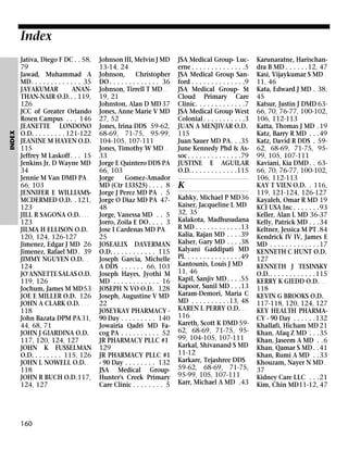 INDEX

Index
Jativa, Diego F DC . . 58,
79
Jawad, Muhammad A
MD. . . . . . . . . . . . . 35
JAYAKUMAR
ANANTHAN-NAIR O.D.. . 119,
126
JCC of Greater Orlando
Rosen Campus . . . 146
JEANETTE LONDONO
O.D. . . . . . . . . 121-122
JEANINE M HAYEN O.D.
115
Jeffrey M Laskoff. . . 15
Jenkins Jr, D Wayne MD
34
Jennie M Van DMD PA .
66, 103
JENNIFER E WILLIAMSMCDERMED O.D. . 121,
123
JILL R SAGONA O.D. . . .
123
JILMA H ELLISON O.D.
120, 124, 126-127
Jimenez, Edgar J MD 26
Jimenez, Rafael MD . 39
JIMMY NGUYEN O.D. . .
124
JO'ANNETTE SALAS O.D.
119, 126
Jochum, James M MD53
JOE E MILLER O.D. 126
JOHN A CLARK O.D. . . .
118
John Bazata DPM PA 31,
44, 68, 71
JOHN J GIARDINA O.D.
117, 120, 124, 127
JOHN K FUSSELMAN
O.D. . . . . . . . 115, 126
JOHN L NOWELL O.D. .
118
JOHN R BUCH O.D.117,
124, 127

160

Johnson III, Melvin J MD
13-14, 24
Johnson,
Christopher
DO . . . . . . . . . . . . . 36
Johnson, Tirrell T MD . .
19, 21
Johnston, Alan D MD 37
Jones, Anne Marie V MD
27, 52
Jones, Irina DDS 59-62,
68-69, 71-75, 95-99,
104-105, 107-111
Jones, Timothy W MD . .
33
Jorge E Quintero DDS PA
66, 103
Jorge
Gomez-Amador
MD (Ctr 133525) . . . . 8
Jorge J Perez MD PA . 5
Jorge O Diaz MD PA 4748
Jorge, Vanessa MD . . 5
Jorro, Zoila E DO. . . . 3
Jose I Cardenas MD PA .
25
JOSEALIX DAVERMAN
O.D. . . . . . . . . . . . 115
Joseph Garcia, Michelle
A DDS . . . . . . 66, 103
Joseph Hayes, Jyothi M
MD . . . . . . . . . . . . 16
JOSEPH N VO O.D. 128
Joseph, Augustine V MD
22
JOSEYKAY PHARMACY 90 Day . . . . . . . . . 140
Jowairia Qadri MD Facog PA . . . . . . . . . . 52
JR PHARMACY PLLC #1
129
JR PHARMACY PLLC #1
- 90 Day . . . . . . . . 132
JSA Medical GroupHunter's Creek Primary
Care Clinic . . . . . . . . 5

JSA Medical Group- Lucerne . . . . . . . . . . . . . .5
JSA Medical Group Sanford . . . . . . . . . . . . . .9
JSA Medical Group- St
Cloud Primary Care
Clinic. . . . . . . . . . . . .7
JSA Medical Group West
Colonial . . . . . . . . . . .3
JUAN A MENJIVAR O.D.
115
Juan Sauer MD PA. . .35
June Kennedy Phd & Assoc . . . . . . . . . . . . . .79
JUSTINE E AGUILAR
O.D. . . . . . . . . . . . .115

K
Kahky, Michael P MD36
Kaiser, Jacqueline L MD
32, 35
Kalakota, Madhusudana
R MD . . . . . . . . . . . .13
Kalia, Rajan MD . . . .39
Kalser, Gary MD . . . .38
Kalyani Gaddipati MD
PL . . . . . . . . . . . . . .49
Kantounis, Louis J MD .
11, 46
Kapil, Sanjiv MD. . . .55
Kapoor, Sunil MD . . .13
Karam-Demori, Maria C
MD . . . . . . . . . .13, 48
KAREN L PERRY O.D. . .
116
Kareth, Scott K DMD 5962, 68-69, 71-75, 9599, 104-105, 107-111
Karkal, Shivanand S MD
11-12
Karkare, Tejashree DDS .
59-62, 68-69, 71-75,
95-99, 105, 107-111
Karr, Michael A MD .43

Karunaratne, Harischandra B MD . . . . . .12, 47
Kasi, Vijaykumar S MD .
11, 46
Kata, Edward J MD . 38,
45
Katsur, Justin J DMD 6366, 70, 76-77, 100-102,
106, 112-113
Katta, Thomas J MD .19
Katz, Barry R MD . . .49
Katz, David R DDS . 5962, 68-69, 71-75, 9599, 105, 107-111
Kaviani, Kia DMD. . 6366, 70, 76-77, 100-102,
106, 112-113
KAY T VIEN O.D. . 116,
119, 121-124, 126-127
Kayaleh, Omar R MD 19
KCI USA Inc . . . . . . .93
Keller, Alan L MD 36-37
Kelly, Patrick MD . . .34
Keltner, Jessica M PT .84
Kendrick IV IV, James E
MD . . . . . . . . . . . . .17
KENNETH C HUNT O.D.
127
KENNETH J TESINSKY
O.D.. . . . . . . . . . . .115
KERRY K GIEDD O.D. . .
118
KEVIN G BROOKS O.D. .
117-118, 120, 124, 127
KEY HEALTH PHARMACY - 90 Day . . . . . .132
Khallafi, Hicham MD 21
Khan, Afaq Z MD . . .35
Khan, Jaseem A MD . .6
Khan, Qamar S MD . .41
Khan, Rumi A MD . .33
Khouzam, Nayer N MD .
37
Kidney Care LLC . . .21
Kim, Chin MD11-12, 47

 