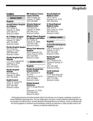 Hospitals
Osceola Regional
Medical Center
700 W Oak St
Kissimmee, FL 34741
(407) 846-2266

Arnold Palmer Hospital
for Children
92 W Miller St
Orlando, FL 32806
(407) 649-9111
Medicaid Certified

Orlando Regional
Medical Center
1414 Kuhl Ave
Orlando, FL 32806
(407) 841-5111
Medicaid Certified

St Cloud Regional
Medical Center
2906 17th St
Saint Cloud, FL 34769
(407) 892-2135
Medicaid Certified

Hospitals

ORANGE COUNTY

HOSPITALS

Hospitals

MD Anderson Cancer
Center Orlando
1400 S Orange Ave
Orlando, FL 32806
(407) 648-3800

FLORIDA

Winnie Palmer Hospital
SEMINOLE COUNTY
for Women and Babies
83 W Miller St
Hospitals
Orlando, FL 32806
(321) 841-3338
Central Florida Regional
Medicaid Certified
Hospital
Florida Hospital Apopka
Winter Park Memorial 1401 W Seminole Blvd
201 N Park Ave
Sanford, FL 32771
Hospital
Apopka, FL 32703
(407) 321-4500
200 N Lakemont Ave
(407) 889-1000
Medicaid Certified
Winter Park, FL 32792
Medicaid Certified
(407) 646-7000
Florida Hospital
Florida Hospital East
Medicaid Certified
Altamonte
Orlando
601 E Altamonte Dr
7727 Lake Underhill Rd
OSCEOLA COUNTY
Altamonte Springs, FL
Orlando, FL 32822
32701
(407) 303-8110
Hospitals
(407) 303-2200
Medicaid Certified
Medicaid Certified
Florida Hospital CeleFlorida Hospital
bration Health
South Seminole
Orlando
400 Celebration Pl
Hospital
601 E Rollins St
Ste A150
555 W State Road 434
Orlando, FL 32803
Celebration, FL 34747
Longwood, FL 32750
(407) 303-5600
(407) 303-4000
(407) 767-1200
Health Central
Medicaid Certified
Medicaid Certified
10000 W Colonial Dr
Florida Hospital
Ocoee, FL 34761
Kissimmee
(407) 296-1000
2450 N Orange Blossom
Medicaid Certified
Trl
Kissimmee, FL 34744
(407) 846-4343
Medicaid Certified
Dr P Phillips Hospital
9400 Turkey Lake Rd
Orlando, FL 32819
(407) 351-8500
Medicaid Certified

Participating physicians and other providers listed in the directory are not agents, employees or partners of
Humana Medicare Advantage Plans. They are independent contractors. Humana Medicare Advantage Plans are
not providers of medical services. Humana Medicare Advantage Plans do not endorse, control, or interfere with
the clinical judgment or treatment recommendations made by the physicians or other providers listed in this
directory or otherwise selected by you.

1

 
