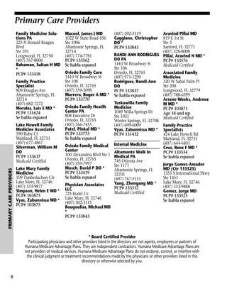 Primary Care Providers
Family Medicine Solutions PA
225 N Ronald Reagan
Blvd
Ste 101
Longwood, FL 32750
(407) 767-8006
Rahaman, Sultan H MD
*
PCP# 133418
Family Practice
Specialist
809 Douglas Ave
Altamonte Springs, FL
32714
(407) 682-7272
Morales, Luis E MD *
PCP# 131624
Se habla espanol

PRIMARY CARE PROVIDERS

Lake Howell Family
Medicine Associates
590 Ruby Ct
Maitland, FL 32751
(407) 677-4867
Silverman, William M
DO
PCP# 133637
Medicaid Certified
Lake Mary Family
Medicine
109 Timberlachen Cir
Lake Mary, FL 32746
(407) 333-9877
Simpson, Helen E MD *
PCP# 103875
Vyas, Zabunnissa MD *
PCP# 103875

Macool, James J MD
1022 W State Road 436
Ste 1006
Altamonte Springs, FL
32714
(407) 774-7781
PCP# 133562
Se habla espanol

(407) 302-3119
Caggiano, Christopher
DO *
PCP# 133843

Aravind Pillai MD
819 E 1st St
Ste 3
Sanford, FL 32771
(407) 328-8008
RANDI ANN RODRIGUES Pillai, Aravind N MD *
DO PA
PCP# 133576
1410 W Broadway St
Medicaid Certified
Ste 106
Oviedo Family Care
Oviedo, FL 32765
Associated Family
1410 W Broadway St
(407) 971-1290
Medicine
Ste 108
Rodrigues, Randi-Ann
320 W Sabal Palm Pl
Oviedo, FL 32765
Ste 200
DO
(407) 359-5098
Longwood, FL 32779
PCP# 133837
Marrero, Roger A MD * Se habla espanol
(407) 788-6399
PCP# 133770
Arsene-Weeks, Andreea
Tuskawilla Family
M MD *
Oviedo Family Heatlh
Medicine
PCP# 103871
Center PA
1049 Willa Springs Dr
Age 18 and up
808 Executive Dr
Ste 1031
Medicaid Certified
Oviedo, FL 32765
Winter Springs, FL 32708
(407) 366-7455
(407) 699-6009
Family Practice
Patel, Pinkal MD *
Vyas, Zabunnissa MD * Specialists
PCP# 133775
PCP# 131432
424 Lake Howell Rd
Se habla espanol
Maitland, FL 32751
(407) 644-6401
Oviedo Family Medical Internal Medicine
Cruz, Rene F MD *
Center
Altamonte Walk In
PCP# 133554
100 Alexandria Blvd Ste 1 Medical PA
Se habla espanol
Oviedo, FL 32765
745 Orienta Ave
(407) 359-7997
Jorge Gomez-Amador
Ste 1171
Mosch, David P DO *
MD (Ctr 133525)
Altamonte Springs, FL
PCP# 133419
1355 S International Pkwy
32701
Se habla espanol
Ste 1451
(407) 767-5111
Lake Mary, FL 32746
Yang, Zhengang MD *
Physician Associates
(407) 333-9888
PCP# 133512
LLC
Gomez, Jorge MD
Medicaid Certified
725 Rodel Cv
PCP# 133525
Lake Mary, FL 32746
Se habla espanol
(407) 302-3115
Bougoulias, Michael MD
*
PCP# 133843

* Board Certified Provider
Participating physicians and other providers listed in the directory are not agents, employees or partners of
Humana Medicare Advantage Plans. They are independent contractors. Humana Medicare Advantage Plans are
not providers of medical services. Humana Medicare Advantage Plans do not endorse, control, or interfere with
the clinical judgment or treatment recommendations made by the physicians or other providers listed in this
directory or otherwise selected by you.

8

 