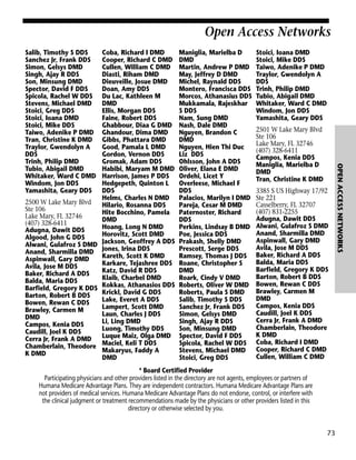 Open Access Networks
Coba, Richard I DMD
Cooper, Richard C DMD
Cullen, William C DMD
Diasti, Riham DMD
Dieuveille, Josue DMD
Doan, Amy DDS
Du Lac, Kathleen M
DMD
Ellis, Morgan DDS
Faine, Robert DDS
Ghabbour, Diaa G DMD
Ghandour, Dima DMD
Gibbs, Phattara DMD
Good, Pamala L DMD
Gordon, Vernon DDS
Gromak, Adam DDS
Habibi, Maryam M DMD
Harrison, James P DDS
Hedgepeth, Quinton L
DDS
Helms, Charles N DMD
2500 W Lake Mary Blvd
Hilario, Rosanna DDS
Ste 106
Hite Bocchino, Pamela
Lake Mary, FL 32746
DMD
(407) 328-6411
Hoang, Long N DMD
Adugna, Dawit DDS
Horovitz, Scott DMD
Algood, John G DDS
Alwani, Gulafroz S DMD Jackson, Geoffrey A DDS
Anand, Sharmilla DMD Jones, Irina DDS
Kareth, Scott K DMD
Aspinwall, Gary DMD
Karkare, Tejashree DDS
Avila, Jose M DDS
Katz, David R DDS
Baker, Richard A DDS
Klaib, Charbel DMD
Balda, Maria DDS
Barfield, Gregory K DDS Kokkas, Athanasios DDS
Krickl, David G DDS
Barton, Robert B DDS
Lake, Everet A DDS
Bowen, Rewan C DDS
Lampert, Scott DMD
Brawley, Carmen M
Laun, Charles J DDS
DMD
Li, Ling DMD
Campos, Kenia DDS
Luong, Timothy DDS
Caudill, Joel K DDS
Luque Maiz, Olga DMD
Cerra Jr, Frank A DMD
Chamberlain, Theodore Maciel, Keli T DDS
Makaryus, Faddy A
K DMD
DMD

Maniglia, Marielba D
DMD
Martin, Andrew P DMD
May, Jeffrey D DMD
Michel, Raynald DDS
Montero, Francisca DDS
Morcos, Athanasius DDS
Mukkamala, Rajeskhar
S DDS
Nam, Sung DMD
Nash, Dale DMD
Nguyen, Brandon C
DMD
Nguyen, Hien Thi Duc
Liz DDS
Ohlsson, John A DDS
Oliver, Elana E DMD
Ordehi, Licet Y
Overleese, Michael F
DDS
Palacios, Marilyn I DMD
Pareja, Cesar M DMD
Paternoster, Richard
DDS
Perkins, Lindsay B DMD
Poe, Jessica DDS
Prakash, Shelly DMD
Prescott, Serge DDS
Ramsey, Thomas J DDS
Roane, Christopher S
DMD
Roark, Cindy V DMD
Roberts, Oliver W DMD
Roberts, Paula S DMD
Salib, Timothy S DDS
Sanchez Jr, Frank DDS
Simon, Gelsys DMD
Singh, Ajay R DDS
Son, Minsung DMD
Spector, David F DDS
Spicola, Rachel W DDS
Stevens, Michael DMD
Stoici, Greg DDS

Stoici, Ioana DMD
Stoici, Mike DDS
Taiwo, Adenike P DMD
Traylor, Gwendolyn A
DDS
Trinh, Philip DMD
Tubio, Abigail DMD
Whitaker, Ward C DMD
Windom, Jon DDS
Yamashita, Geary DDS
2501 W Lake Mary Blvd
Ste 106
Lake Mary, FL 32746
(407) 328-6411
Campos, Kenia DDS
Maniglia, Marielba D
DMD
Tran, Christine K DMD
3385 S US Highway 17/92
Ste 221
Casselberry, FL 32707
(407) 831-2255
Adugna, Dawit DDS
Alwani, Gulafroz S DMD
Anand, Sharmilla DMD
Aspinwall, Gary DMD
Avila, Jose M DDS
Baker, Richard A DDS
Balda, Maria DDS
Barfield, Gregory K DDS
Barton, Robert B DDS
Bowen, Rewan C DDS
Brawley, Carmen M
DMD
Campos, Kenia DDS
Caudill, Joel K DDS
Cerra Jr, Frank A DMD
Chamberlain, Theodore
K DMD
Coba, Richard I DMD
Cooper, Richard C DMD
Cullen, William C DMD

* Board Certified Provider
Participating physicians and other providers listed in the directory are not agents, employees or partners of
Humana Medicare Advantage Plans. They are independent contractors. Humana Medicare Advantage Plans are
not providers of medical services. Humana Medicare Advantage Plans do not endorse, control, or interfere with
the clinical judgment or treatment recommendations made by the physicians or other providers listed in this
directory or otherwise selected by you.

73

OPEN ACCESS NETWORKS

Salib, Timothy S DDS
Sanchez Jr, Frank DDS
Simon, Gelsys DMD
Singh, Ajay R DDS
Son, Minsung DMD
Spector, David F DDS
Spicola, Rachel W DDS
Stevens, Michael DMD
Stoici, Greg DDS
Stoici, Ioana DMD
Stoici, Mike DDS
Taiwo, Adenike P DMD
Tran, Christine K DMD
Traylor, Gwendolyn A
DDS
Trinh, Philip DMD
Tubio, Abigail DMD
Whitaker, Ward C DMD
Windom, Jon DDS
Yamashita, Geary DDS

 
