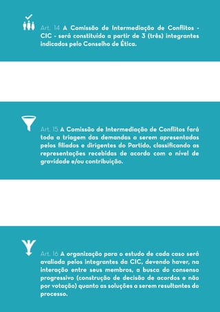Art. 14 A Comissão de Intermediação de Conflitos -
CIC - será constituída a partir de 3 (três) integrantes
indicados pelo Conselho de Ética.
Art. 15 A Comissão de Intermediação de Conflitos fará
toda a triagem das demandas a serem apresentadas
pelos filiados e dirigentes do Partido, classificando as
representações recebidas de acordo com o nível de
gravidade e/ou contribuição.
Art. 16 A organização para o estudo de cada caso será
avaliada pelos integrantes da CIC, devendo haver, na
interação entre seus membros, a busca do consenso
progressivo (construção de decisão de acordos e não
por votação) quanto as soluções a serem resultantes do
processo.
 