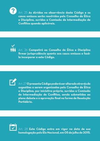 Art. 25 As dúvidas na observância deste Código e os
casos omissos serão resolvidos pelo Conselho de Ética
e Disciplina, ouvidos a Comissão de Intermediação de
Conflitos quando aplicáveis.
Art. 26 Competirá ao Conselho de Ética e Disciplina
firmar jurisprudência quanto aos casos omissos e fazê-
la incorporar a este Código.
Art.27OpresenteCódigopoderáseralteradoatravésde
sugestões a serem organizadas pelo Conselho de Ética
e Disciplina, por iniciativa própria, ouvidos a Comissão
de Intermediação de Conflitos, sendo submetidas ao
pleno debate e a aprovação final na forma de Resolução
Partidária.
Art. 28 Este Código entra em vigor na data de sua
homologaçãopeloEloNacional,em05dejulhode2015.
 