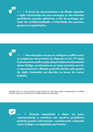 Art. 6º É dever do representante e do filiado respeitar
o sigilo relacionado aos seus encargos ou das decisões
partidárias, quando aplicáveis, a fim de proteger, por
meio da confidencialidade, a intimidade das pessoas,
grupos ou organizações.
Art. 7º Nas situações em que se configure conflito entre
as exigências decorrentes do disposto no Art. 9º deste
instrumentoeasafirmaçõesdosprincípiosfundamentais
deste Código, excetuando-se os casos previstos em lei,
o representante e filiados poderão decidir pela quebra
de sigilo, baseando sua decisão na busca do menor
prejuízo.
Parágrafo único: Em caso de quebra do sigilo previsto no caput deste artigo, o representante e os filiados
deverão restringir-se a prestar as informações estritamente necessárias.
Art. 8º Quando requisitado a depor em juízo,
representantes e membros dos quadros partidários
poderão prestar informações, considerando o disposto
neste Código e na legislação pertinente.
 