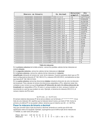 Tabla de máscaras
En la primera columna de la tabla anterior, vemos los posibles valores de las máscaras en
sistema binario.
En la segunda columna, vemos los valores de las máscaras en decimal.
En la tercera columna, vemos los valores de las máscaras en notación
simplificada indicando el número de ‘unos’ de la máscara. Cuando queremos decir que un PC
tiene configurada la dirección IP 192.168.0.213 y máscara 255.255.255.0, normalmente se dice
que tiene la IP 192.168.0.213/24.
En la cuarta columna vemos las direcciones totales incluida la dirección de red y la dirección
de broadcast. Para calcular el número de direcciones asignables a PCs, debemos restar dos
unidades a ese número ya que ni la primera IP (dirección de red) ni la última (dirección de
broadcast) son asignables a PCs. El resto sí, aunque acaben en cero, aunque si sobran, se
recomienda no usar las que acaben en cero. Ejemplo, si tenemos la máscara 255.0.0.0, el
número máximo de PCs será:
16.777.216 – 2 = 16.777.214
El número total de direcciones IP de la red se obtiene con la fórmula: 2(nº de ceros de la máscara)
. Si se
trata de una máscara /26, significa que la máscara tiene 6 ceros, por tanto 26
=64. Como la
primera y la última IP no se pueden utilizar, tenemos que el máximo son 64 – 2 = 62 PCs.
Pasar la máscara de binario a decimal
Hay que convertir byte a byte de binario a decimal, teniendo en cuenta que el bit más
significativo está a la izquierda. Ejemplo, supongamos que el último byte de la máscara es
11100000, su valor será 224 porque:
 