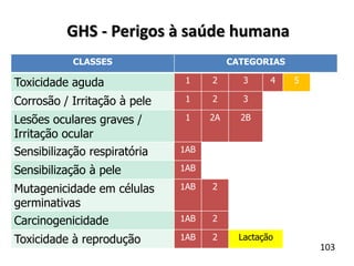GHS - Perigos à saúde humana
CLASSES CATEGORIAS
Toxicidade aguda 1 2 3 4 5
Corrosão / Irritação à pele 1 2 3
Lesões oculares graves /
Irritação ocular
1 2A 2B
Sensibilização respiratória 1AB
Sensibilização à pele 1AB
Mutagenicidade em células
germinativas
1AB 2
Carcinogenicidade 1AB 2
Toxicidade à reprodução 1AB 2 Lactação
103
 