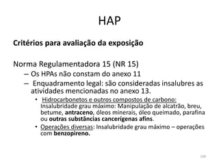HAP
Critérios para avaliação da exposição
Norma Regulamentadora 15 (NR 15)
– Os HPAs não constam do anexo 11
– Enquadramento legal: são consideradas insalubres as
atividades mencionadas no anexo 13.
• Hidrocarbonetos e outros compostos de carbono:
Insalubridade grau máximo: Manipulação de alcatrão, breu,
betume, antraceno, óleos minerais, óleo queimado, parafina
ou outras substâncias cancerígenas afins.
• Operações diversas: Insalubridade grau máximo – operações
com benzopireno.
109
 
