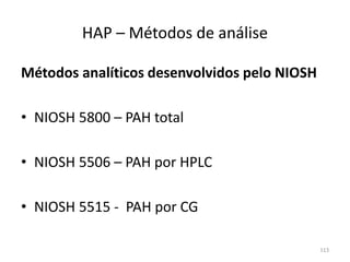 HAP – Métodos de análise
Métodos analíticos desenvolvidos pelo NIOSH
• NIOSH 5800 – PAH total
• NIOSH 5506 – PAH por HPLC
• NIOSH 5515 - PAH por CG
113
 