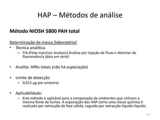 Método NIOSH 5800 PAH total
Determinação da massa [laboratório]
• Técnica analítica
– FIA (Flow Injection Analysis) Análise por injeção de fluxo e detector de
fluorescência (dois em série)
• Analito: HPAs totais (não há especiação)
• Limite de detecção
– 0,012 µg por amostra)
• Aplicabilidade:
– Este método é aplicável para a comparação de ambientes que utilizam a
mesma fonte de fumos. A especiação dos HAP como uma classe química é
realizada por extracção de fase sólida, seguido por extracção líquido-líquido.
HAP – Métodos de análise
115
 