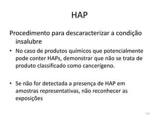 HAP
Procedimento para descaracterizar a condição
insalubre
• No caso de produtos químicos que potencialmente
pode conter HAPs, demonstrar que não se trata de
produto classificado como cancerígeno.
• Se não for detectada a presença de HAP em
amostras representativas, não reconhecer as
exposições
123
 