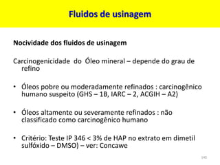 Fluidos de usinagem
Nocividade dos fluidos de usinagem
Carcinogenicidade do Óleo mineral – depende do grau de
refino
• Óleos pobre ou moderadamente refinados : carcinogênico
humano suspeito (GHS – 1B, IARC – 2, ACGIH – A2)
• Óleos altamente ou severamente refinados : não
classificado como carcinogênico humano
• Critério: Teste IP 346 < 3% de HAP no extrato em dimetil
sulfóxido – DMSO) – ver: Concawe
140
 