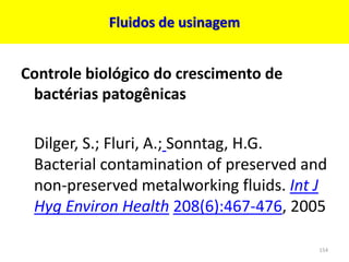 Fluidos de usinagem
Controle biológico do crescimento de
bactérias patogênicas
Dilger, S.; Fluri, A.; Sonntag, H.G.
Bacterial contamination of preserved and
non-preserved metalworking fluids. Int J
Hyg Environ Health 208(6):467-476, 2005
154
 