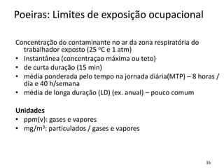 16
Concentração do contaminante no ar da zona respiratória do
trabalhador exposto (25 oC e 1 atm)
• Instantânea (concentraçao máxima ou teto)
• de curta duração (15 min)
• média ponderada pelo tempo na jornada diária(MTP) – 8 horas /
dia e 40 h/semana
• média de longa duração (LD) (ex. anual) – pouco comum
Unidades
• ppm(v): gases e vapores
• mg/m3: particulados / gases e vapores
Poeiras: Limites de exposição ocupacional
 