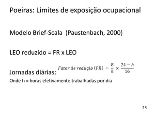 Modelo Brief-Scala (Paustenbach, 2000)
LEO reduzido = FR x LEO
Jornadas diárias:
Onde h = horas efetivamente trabalhadas por dia
Poeiras: Limites de exposição ocupacional
25
 