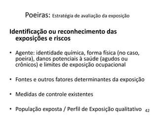 Identificação ou reconhecimento das
exposições e riscos
• Agente: identidade química, forma física (no caso,
poeira), danos potenciais à saúde (agudos ou
crônicos) e limites de exposição ocupacional
• Fontes e outros fatores determinantes da exposição
• Medidas de controle existentes
• População exposta / Perfil de Exposição qualitativo
Poeiras: Estratégia de avaliação da exposição
42
 
