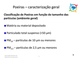 Associação Brasileira de
Higienistas Ocupacionais
6
Classificação de Poeiras em função do tamanho das
partículas (ambiente geral)
Matéria ou material depositado
Particulado total suspenso (<50 µm)
PM10 – partículas de 10 µm ou menores
PM2,5 – partículas de 2,5 µm ou menores
Poeiras – caracterização geral
6
 