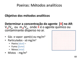 Objetivo dos métodos analíticos
Determinar a concentração do agente [X] no AR:
VX/Var ou mX/Var, onde X é o agente químico ou
contaminante disperso no ar.
• Gás e vapor- ppm(v) ou mg/m3
• Particulados - só mg/m3
• Poeira [dust] –
• Fumo [fume]
• Névoa [mist]
• Mistos - mg/m3
Poeiras: Métodos analíticos
68
 