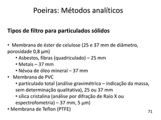 Tipos de filtro para particulados sólidos
• Membrana de éster de celulose (25 e 37 mm de diâmetro,
porosidade 0,8 µm)
• Asbestos, fibras (quadriculado) – 25 mm
• Metais – 37 mm
• Névoa de óleo mineral – 37 mm
• Membrana de PVC
• particulado total (análise gravimétrica – indicação da massa,
sem determinação qualitativa), 25 ou 37 mm
• sílica cristalina (análise por difração de Raio X ou
espectrofometria) – 37 mm, 5 µm)
• Membrana de Teflon (PTFE)
Poeiras: Métodos analíticos
71
 