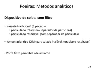 Dispositivo de coleta com filtro
• cassete tradicional (3 peças) –
• particulado total (sem separador de partículas)
• particulado respirável (com separador de partículas)
• Amostrador tipo IOM (particulado inalável, torácico e respirável)
• Porta filtro para fibras de amianto
Poeiras: Métodos analíticos
72
 