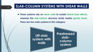 SLAB-COLUMN SYSTEMS WITH SHEAR WALLS
 These systems rely on shear walls to sustain lateral load effects,
whereas the slab-column structure resists mainly gravity loads.
There are two main systems in this category:
Lift-slab
system with
walls
Prestressed
slab-
column
system
11
 