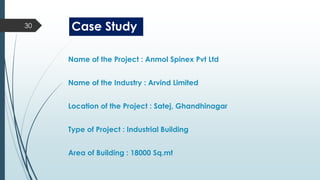 Case Study
30
Name of the Project : Anmol Spinex Pvt Ltd
Name of the Industry : Arvind Limited
Location of the Project : Satej, Ghandhinagar
Type of Project : Industrial Building
Area of Building : 18000 Sq.mt
 