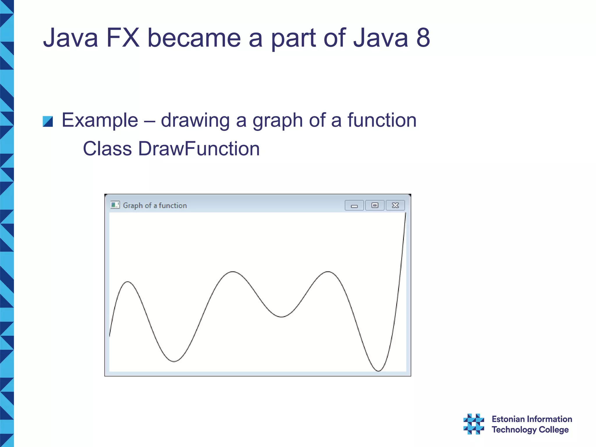 Java FX became a part of Java 8 Example – drawing a graph of a function Class DrawFunction 