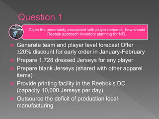  Yes. Reebok company uses combination of forecast and known
demand to place order for their supplier. Forecast developed
...
