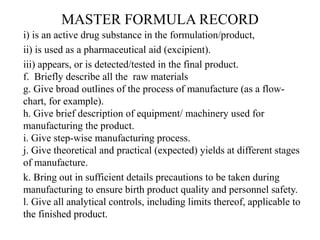 Master Formulation DOCUMENTS on quality of pharmaceutical products | PPTX