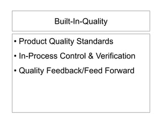 Built-In-Quality
• Product Quality Standards
• In-Process Control & Verification
• Quality Feedback/Feed Forward
 